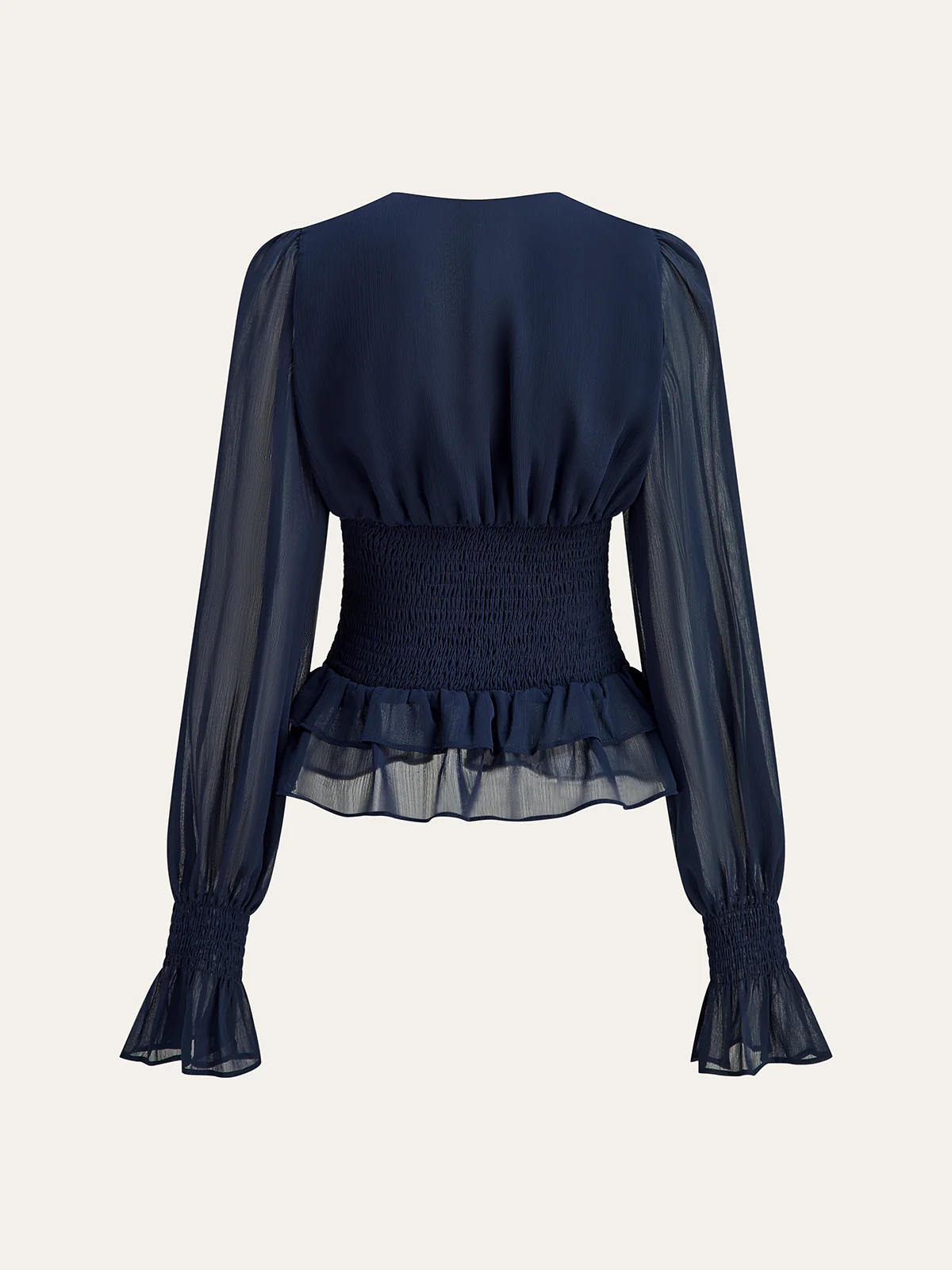 Mesh-Paneled Ruffled Hem Smocked Waist Blouse - Wholesalesil