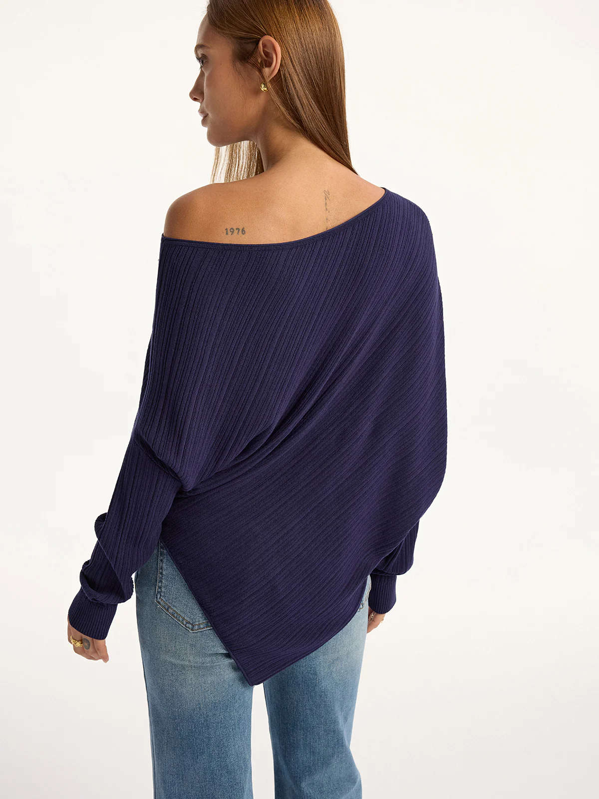 Textured Off-Shoulder Asymmetric Sweater - Wholesalesil