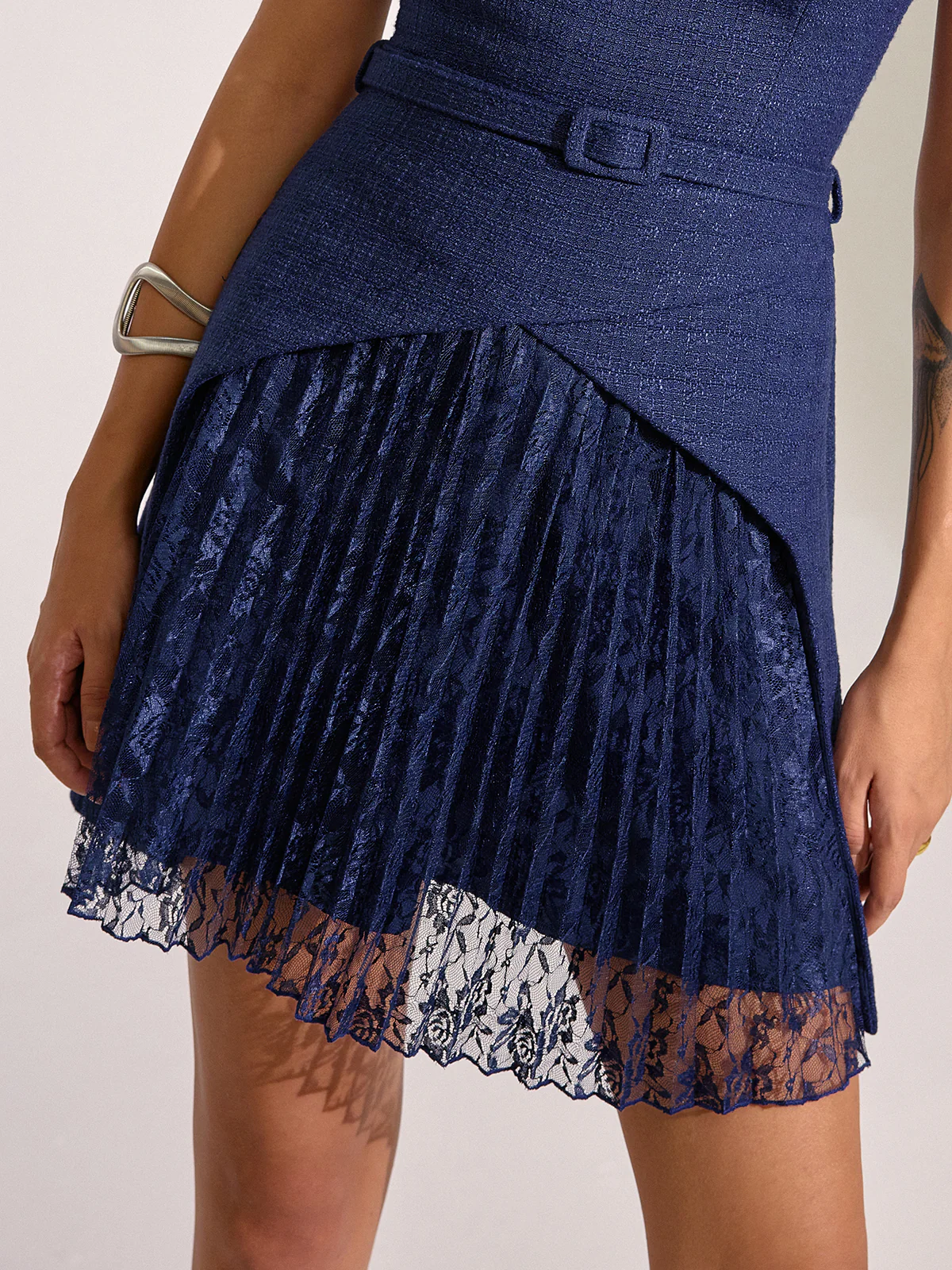 Belted Pleated Lace Mini Dress - Wholesalesil