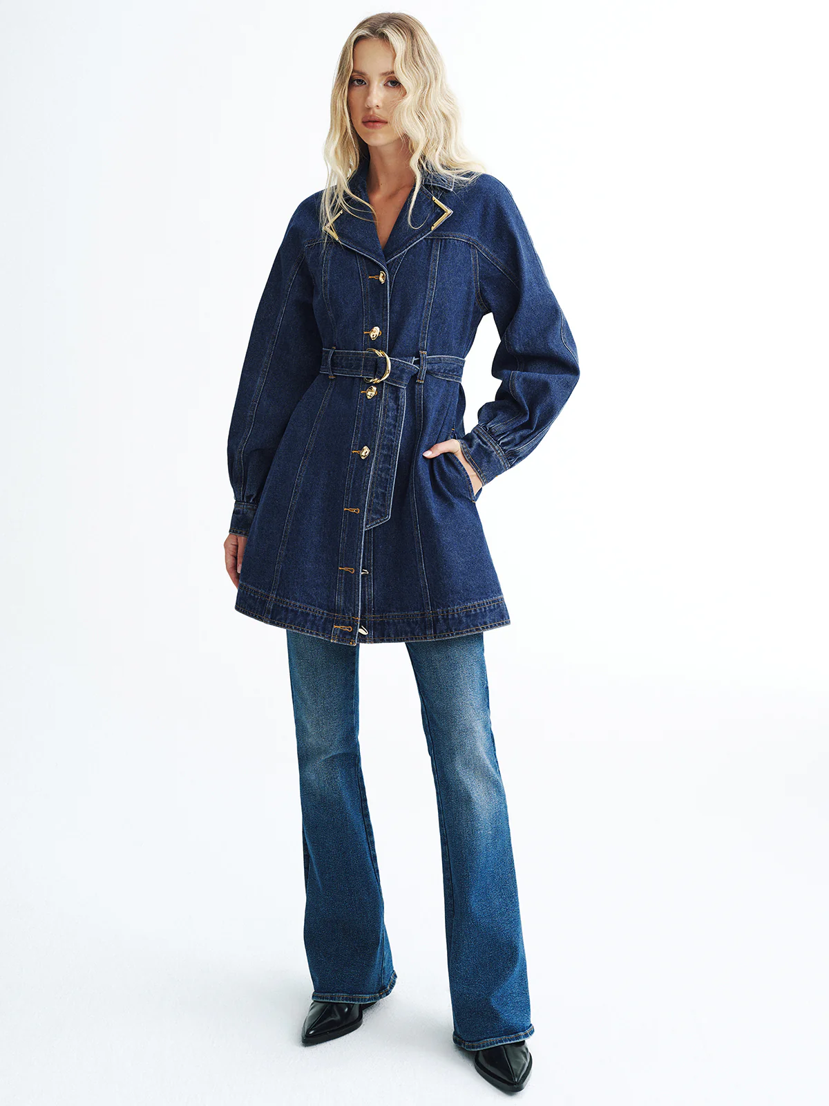 Metal Button Denim Belted Shirt Dress - Wholesalesil