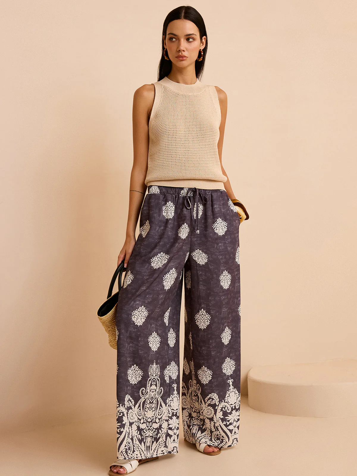 Printed Wide-Leg Pants - Wholesalesil