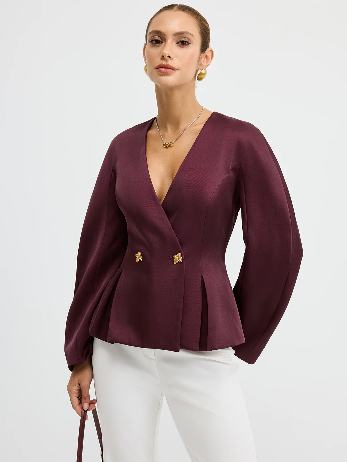 Metal Button Puff Sleeve Peplum Blazer - Wholesalesil