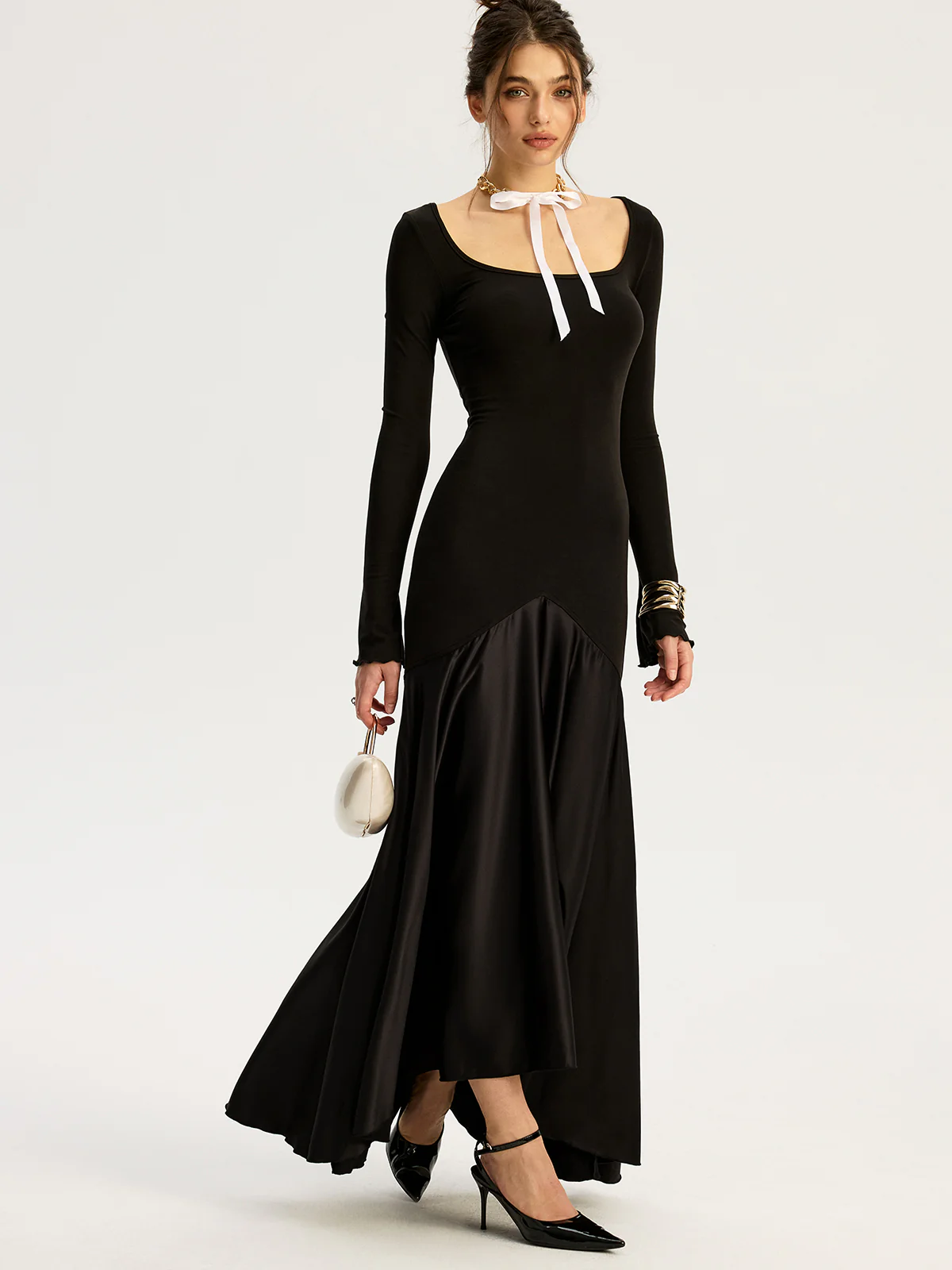 Satin Panel Jersey Sqaure Neck Long Dress - Wholesalesil