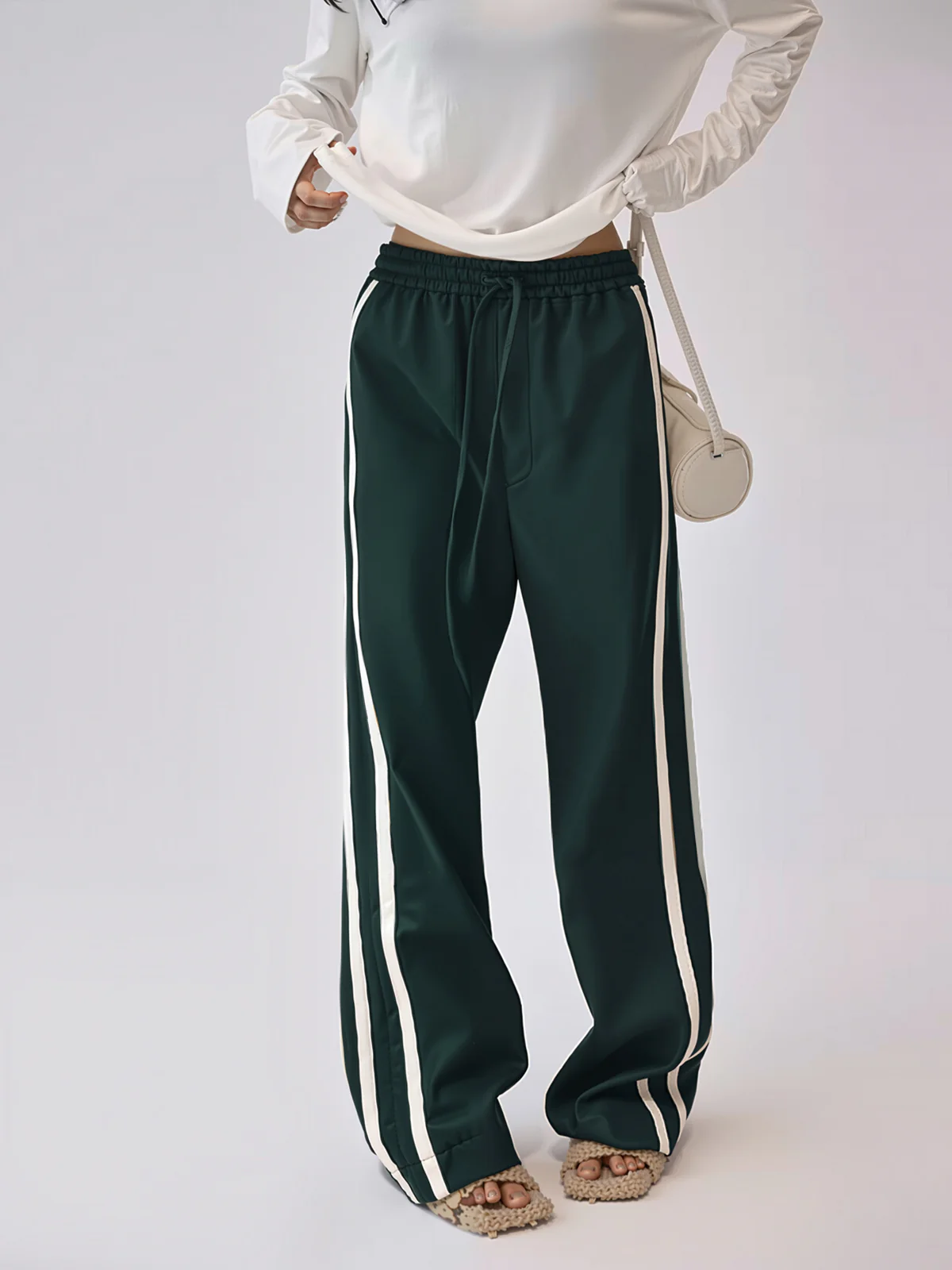 Striped High-Waisted PU Leather Drawstring Pants - Wholesalesil