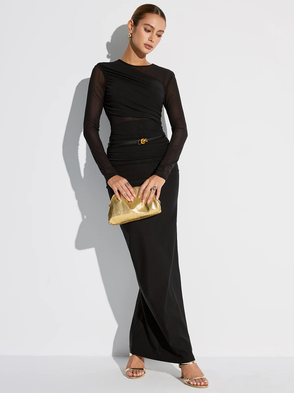 Metal Brooch Semi-Sheer Mesh Long Sleeve T-Shirt - Wholesalesil