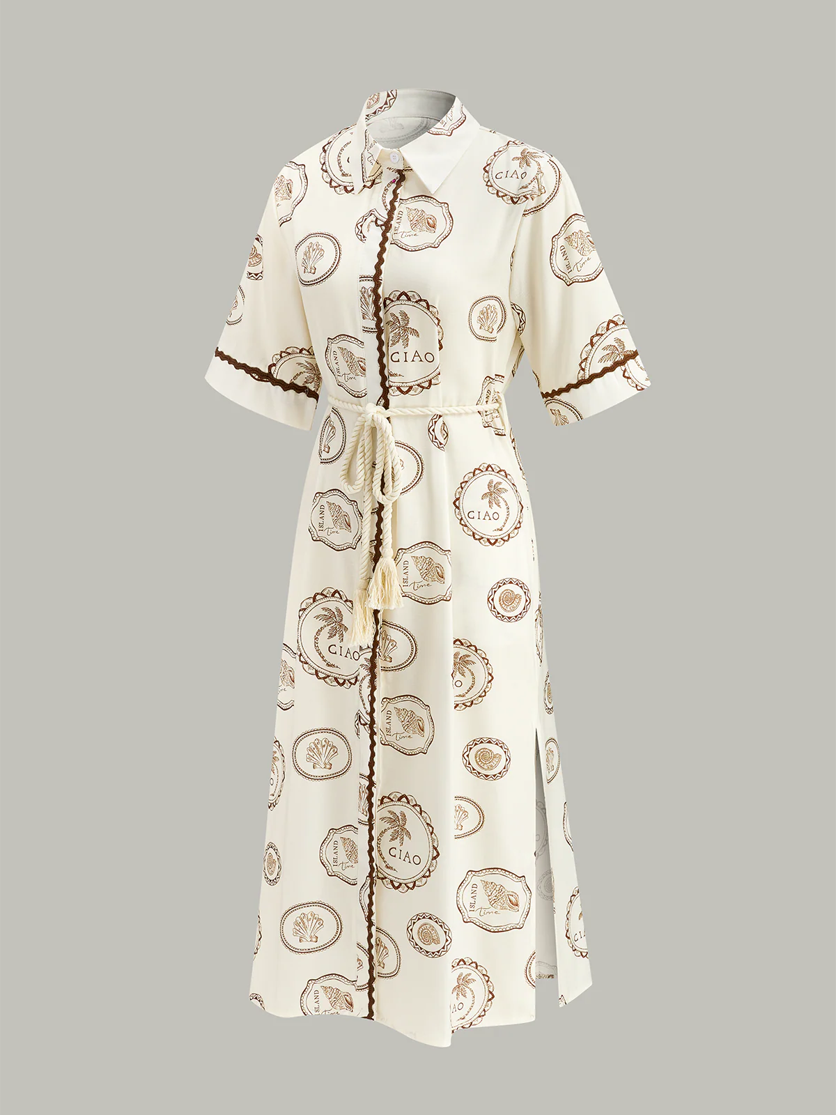 Printed Shirt Dress with Rope Tie Belt - Wholesalesil