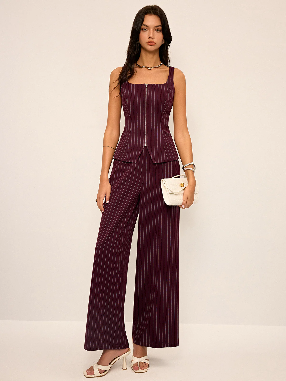 Pinstripe Zipper Vest with Slit - Wholesalesil