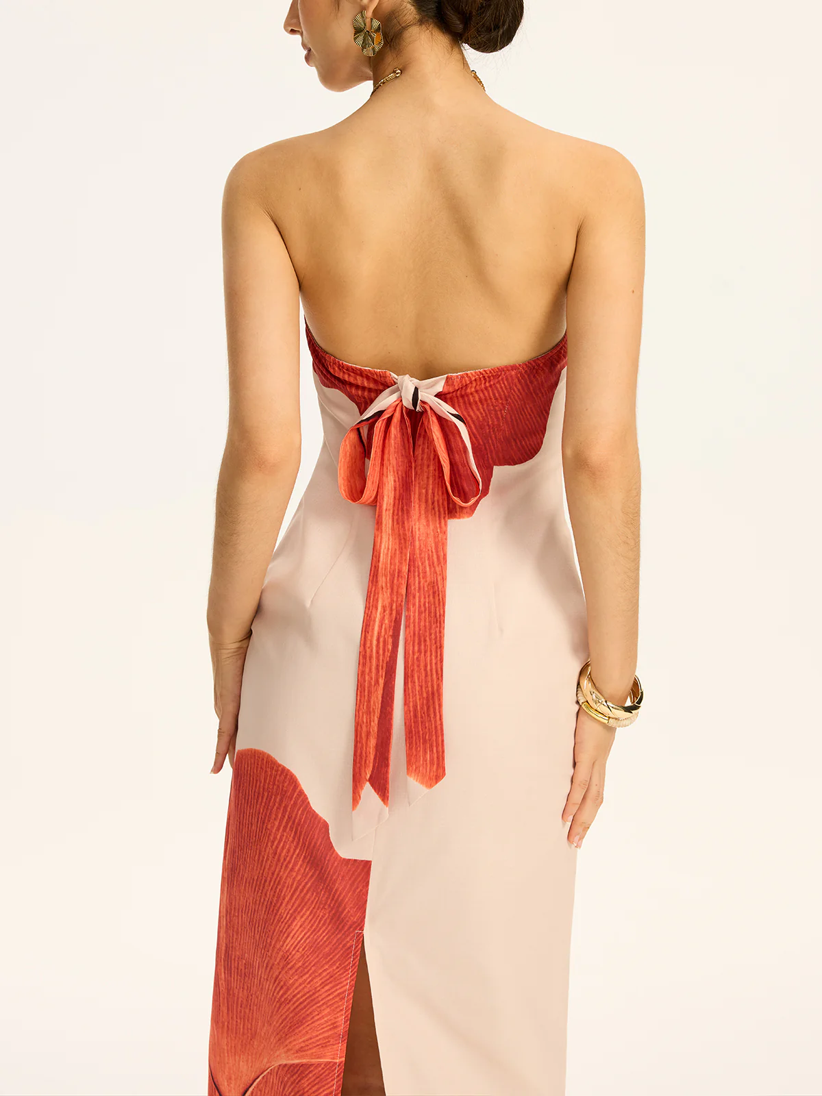 Strapless Printed Maxi Dress with Back Bow and Slit - Wholesalesil