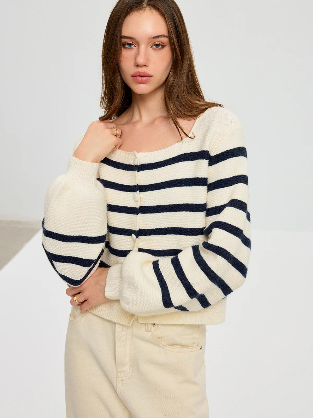Striped Square Neck Lantern Sleeve Knit Cardigan - Wholesalesil