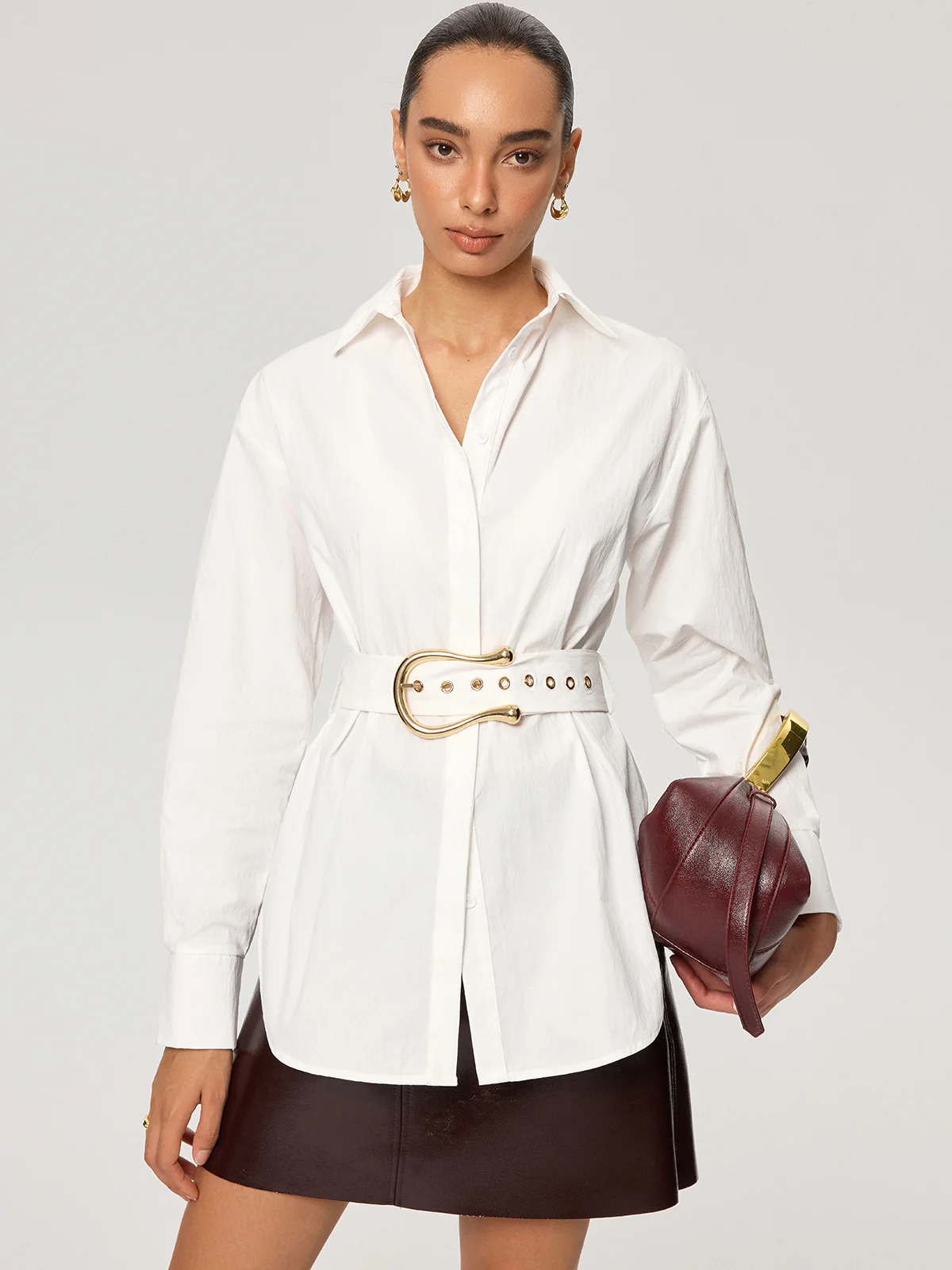 Cotton Blend Shirt with Metal Buckle Belt - Wholesalesil