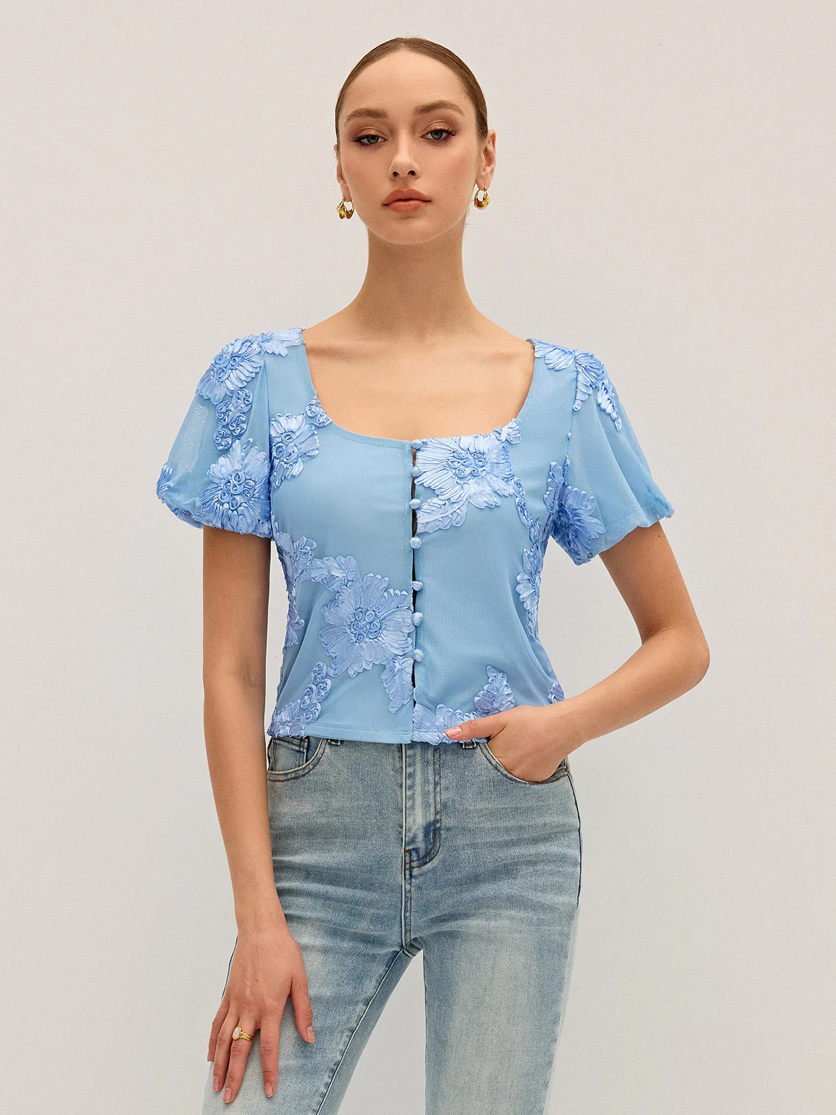 Floral Embroidered Square Neck Mesh Top - Wholesalesil