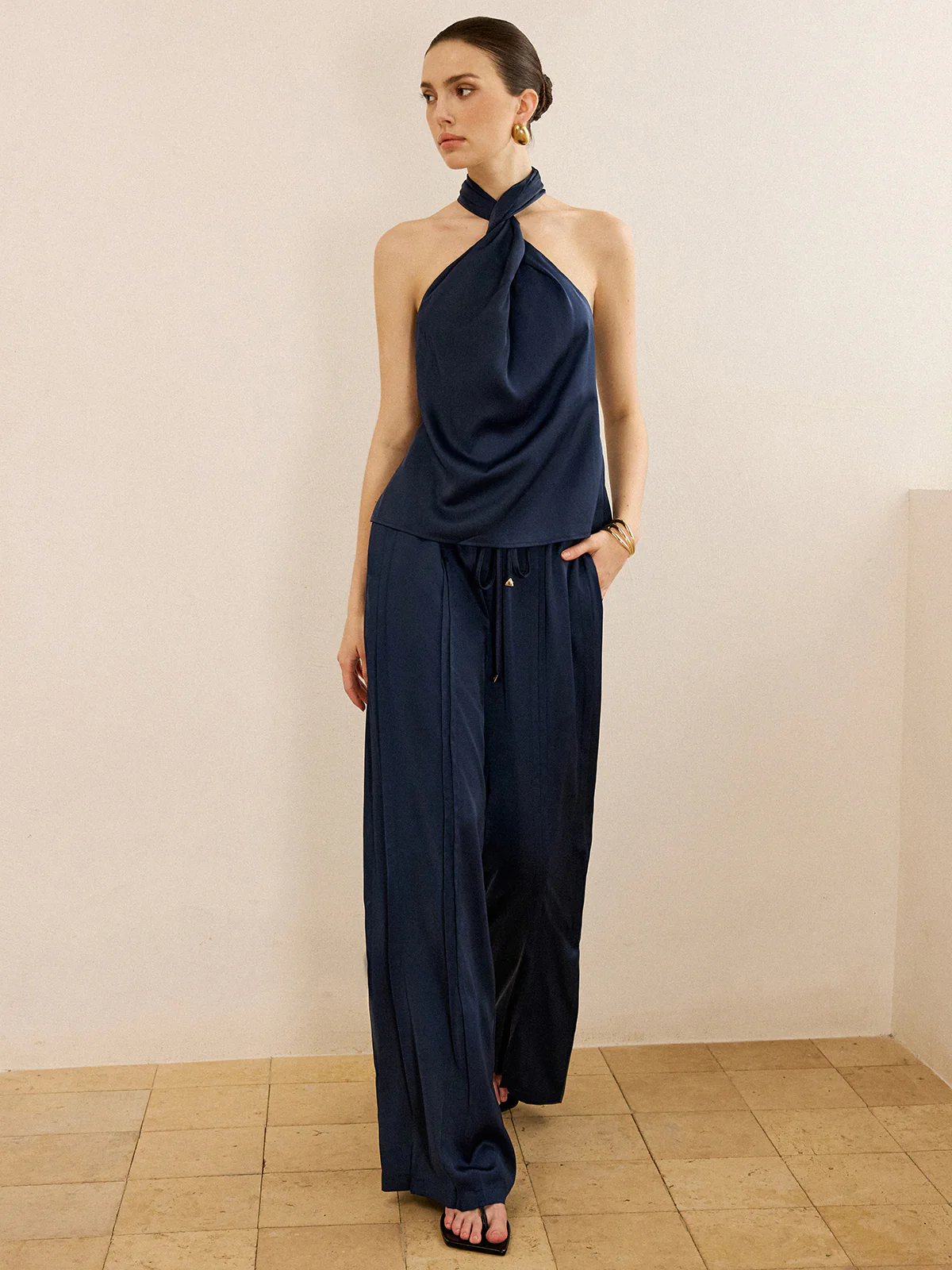 Satin Halter Neck Top and Wide-Leg Pants Set - Wholesalesil