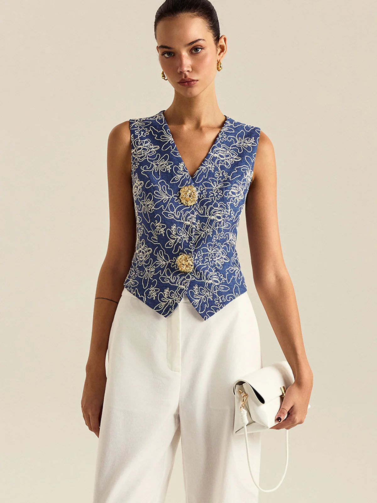 Floral Embroidered Vest - Wholesalesil