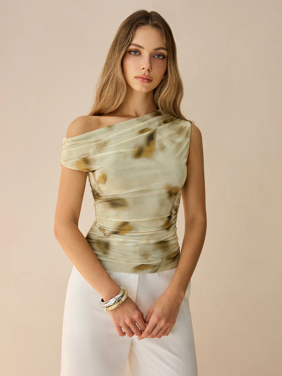 One-Shoulder Ruched Print Top - Wholesalesil