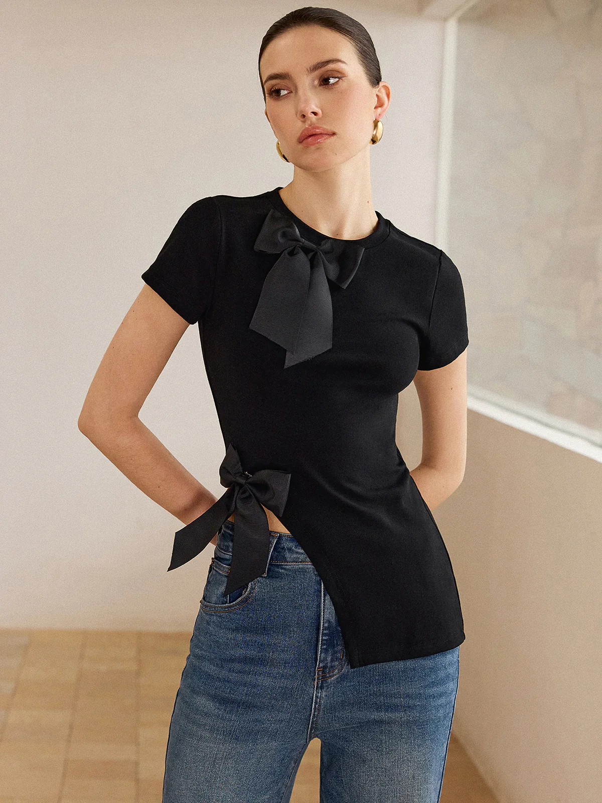 3D Bow-Detailed Top with Asymmetric Hem - Wholesalesil