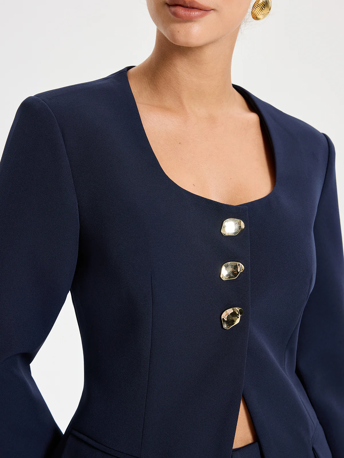 Metal Button Square Neck Blazer - Wholesalesil