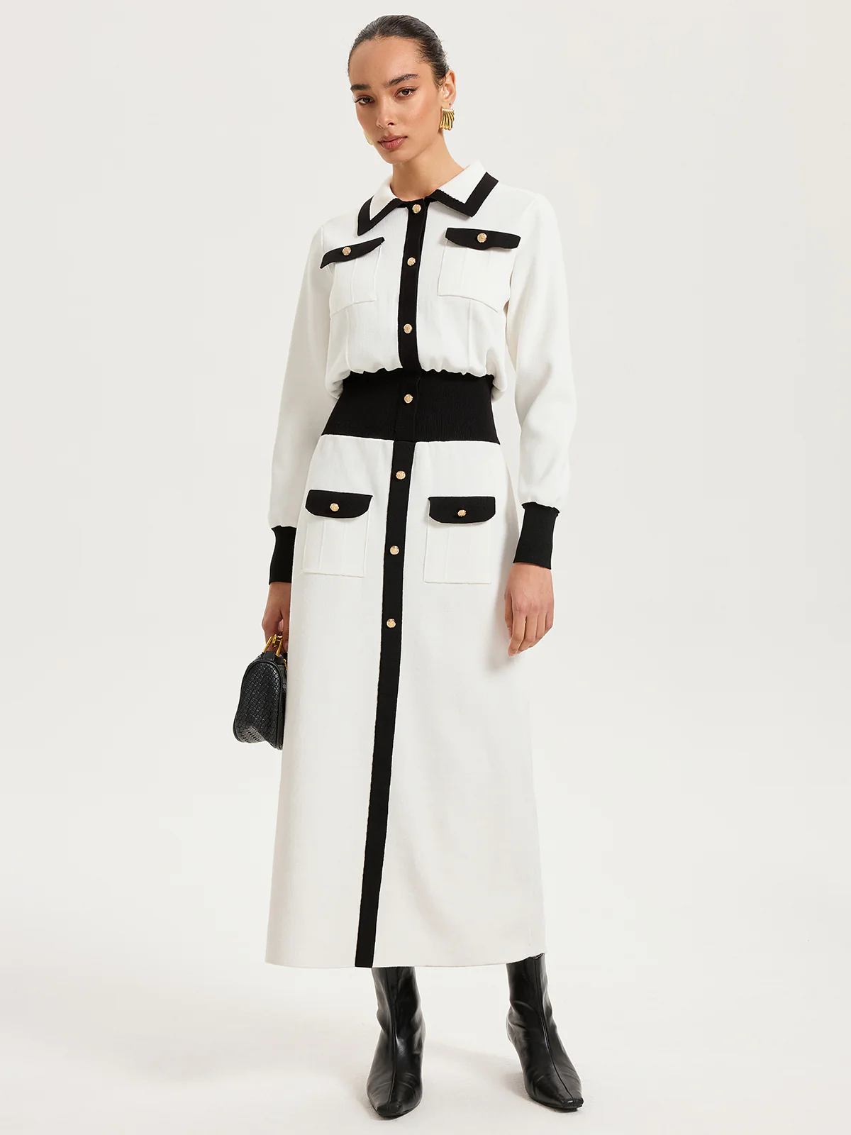 Collared Metal Button Contrast Trim Knit Maxi Dress - Wholesalesil