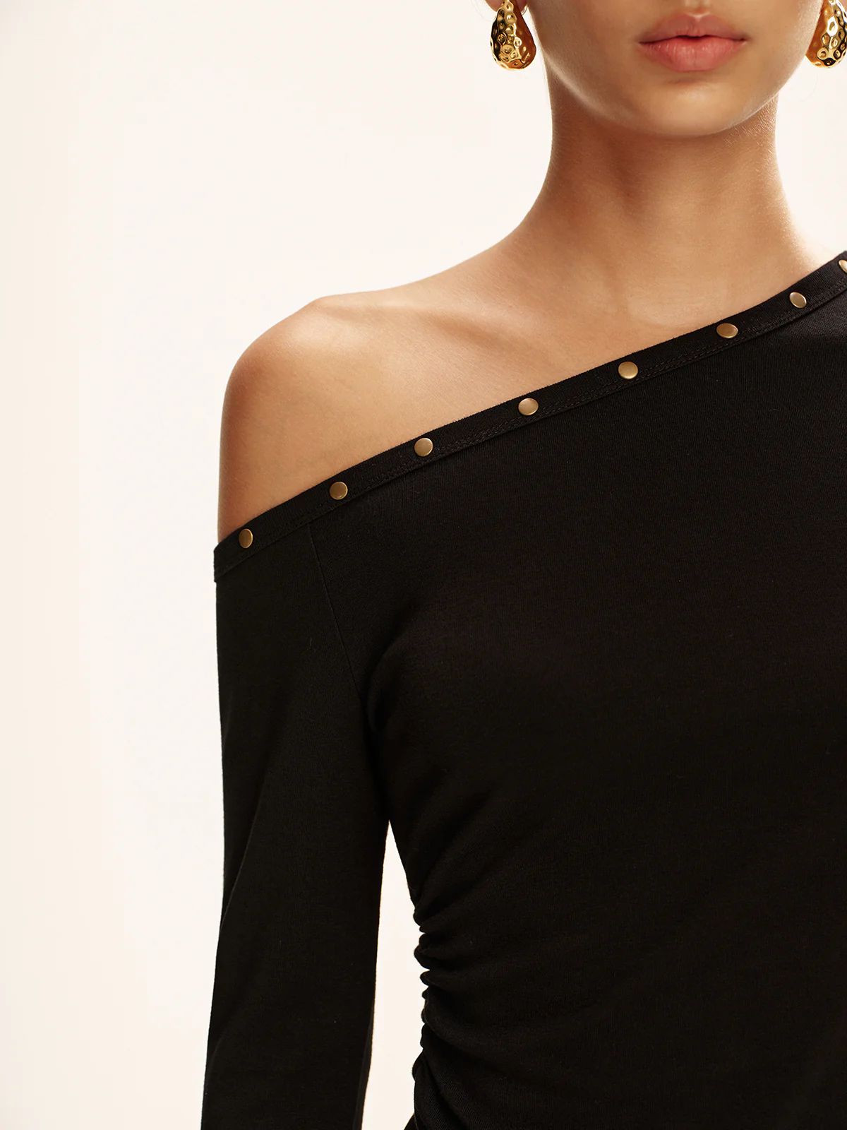 Studded Off Shoulder Long Sleeve T-Shirt - Wholesalesil