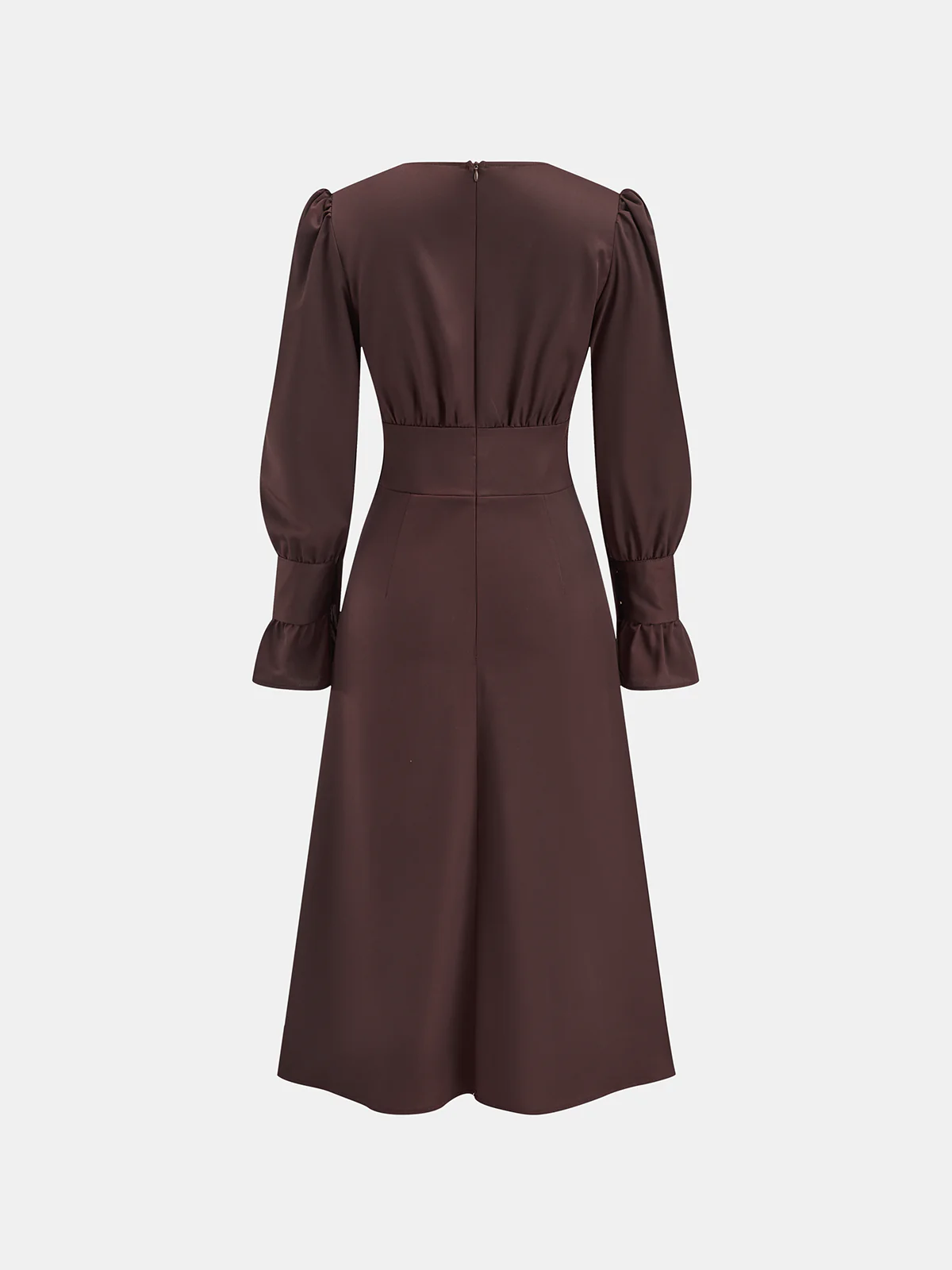 V-Neck Puff Sleeve Button Fitted Dress - Wholesalesil