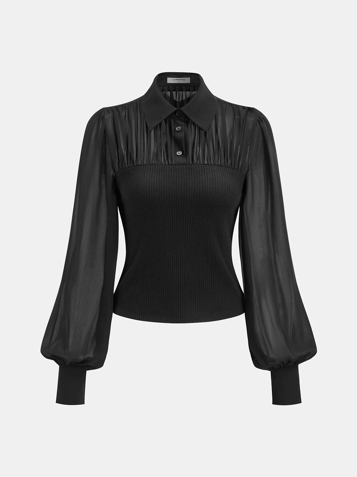 Ribbed Panel Semi-Sheer Long-Sleeve Shirt - Wholesalesil