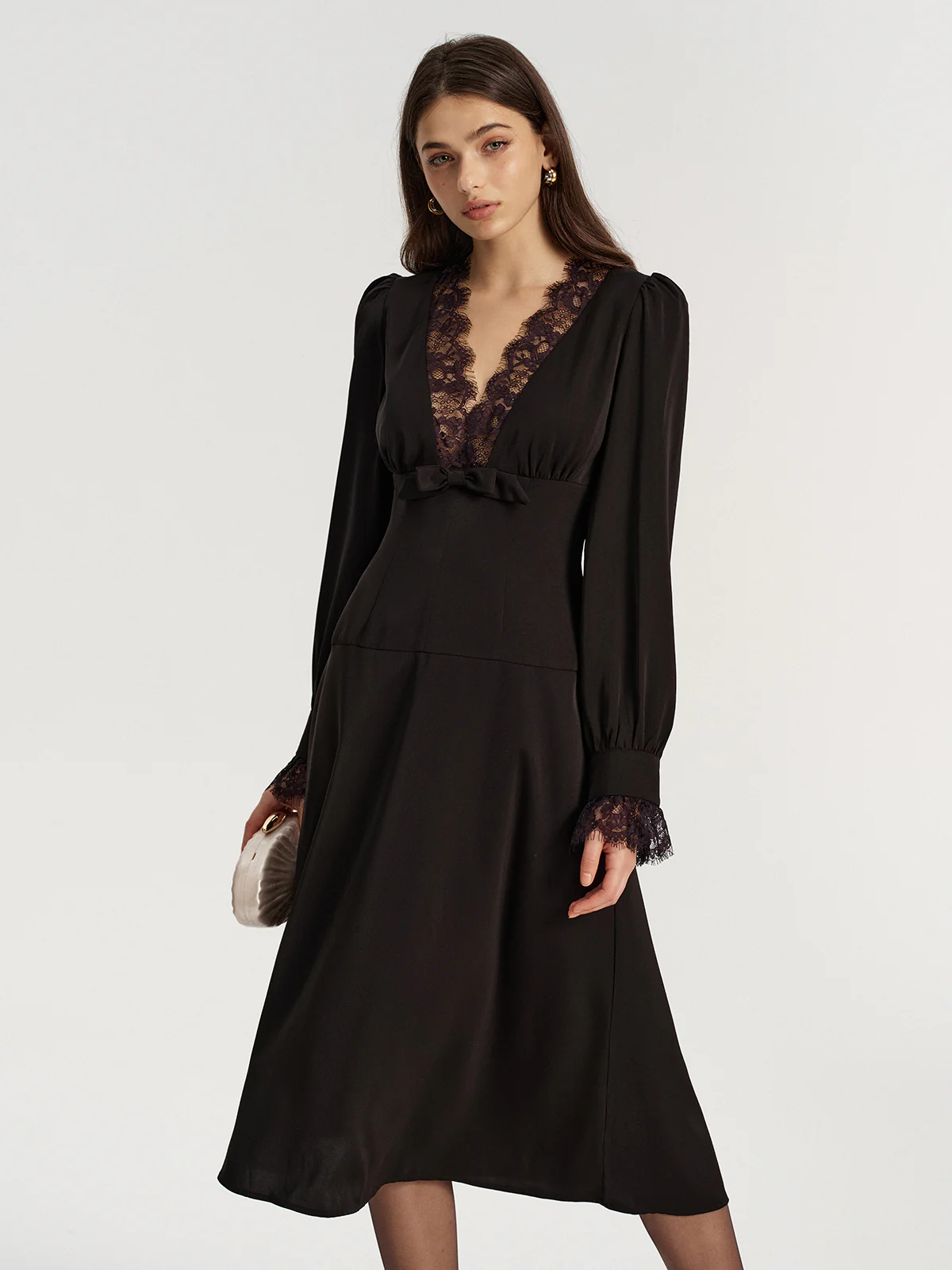 Lace V-Neck Bow Detail Satin Midi Dress - Wholesalesil