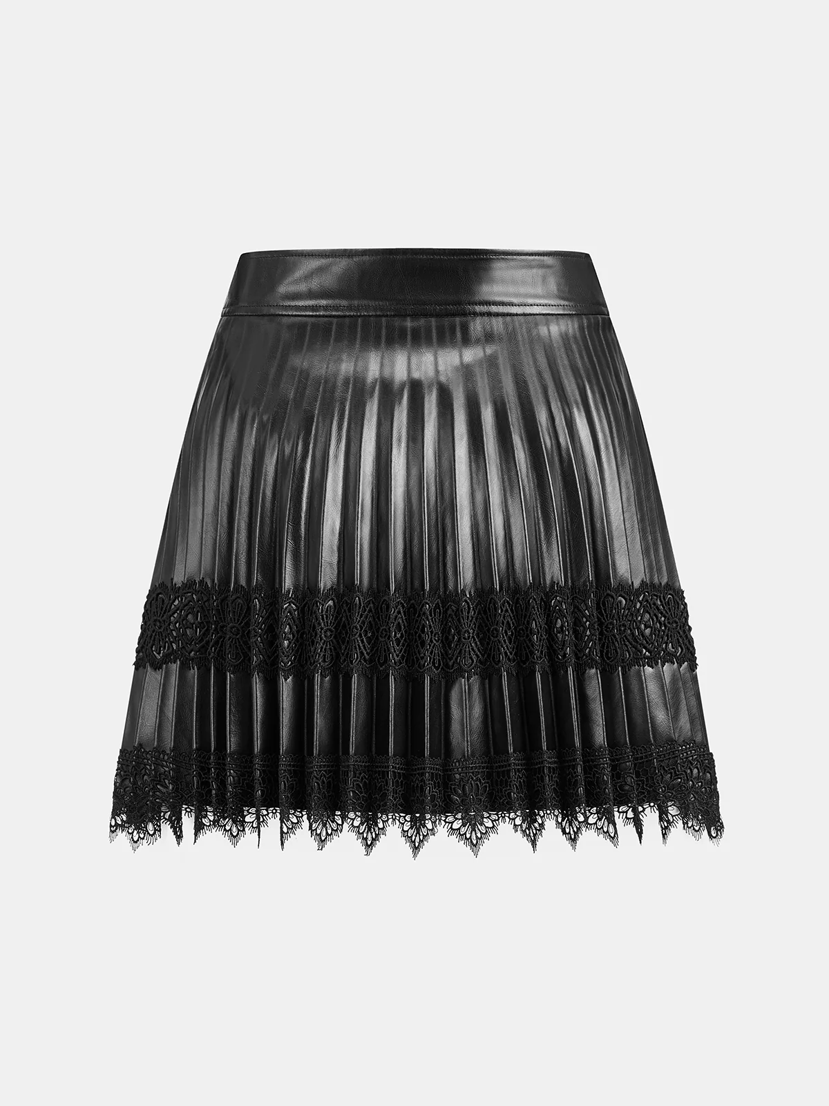 Faux Leather Pleated Lace Mini Skirt - Wholesalesil