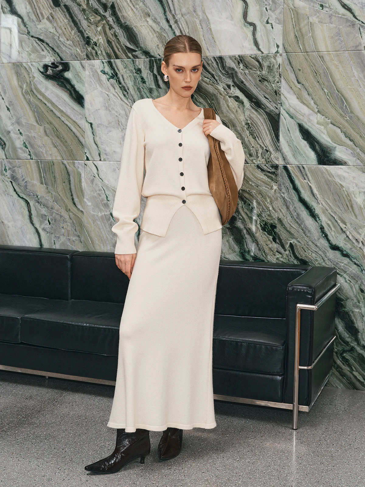 V-Neck Button-Front Knit Cardigan and Maxi Skirt Set - Wholesalesil