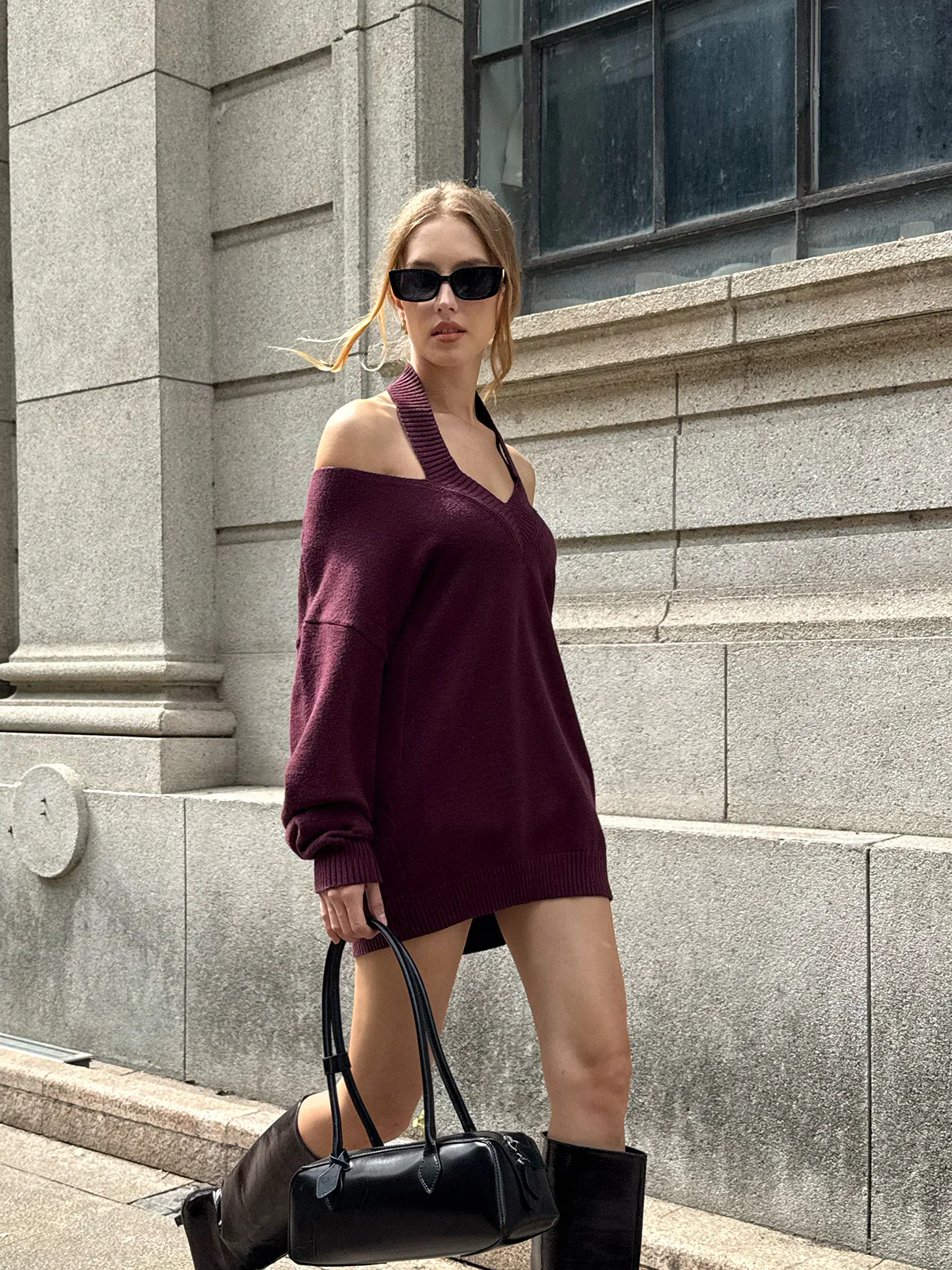 Halter Off-shoulder V-Neck Sweater - Wholesalesil