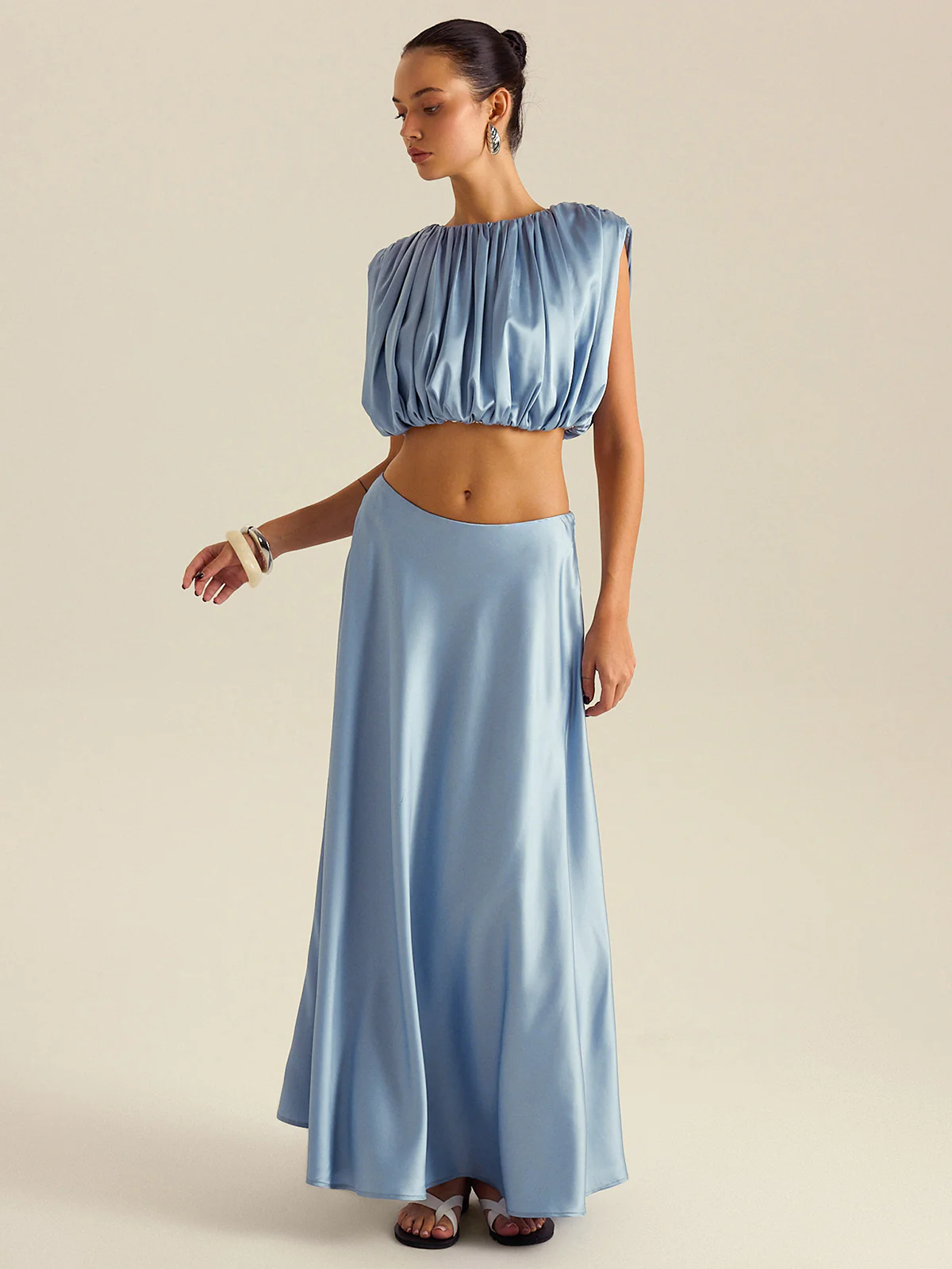 Ruched Crop Top Skirt Set - Wholesalesil