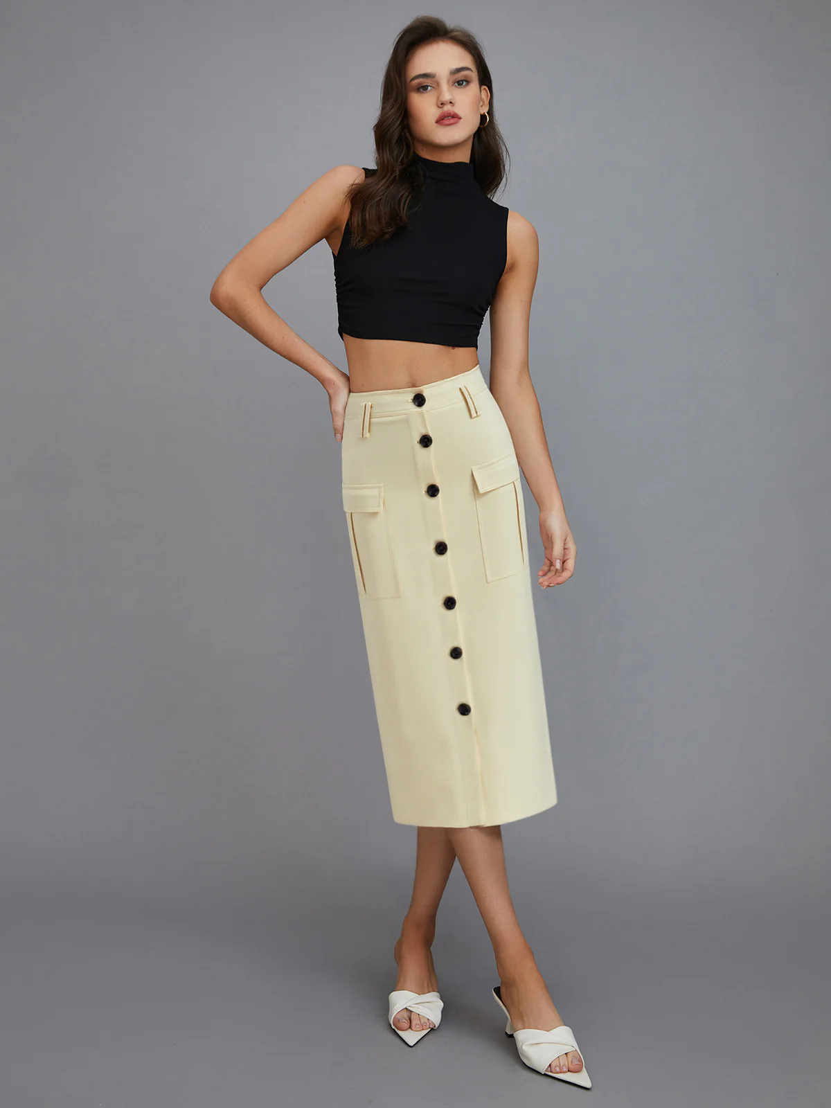Pocketed Button-Front Midi Skirt - Wholesalesil
