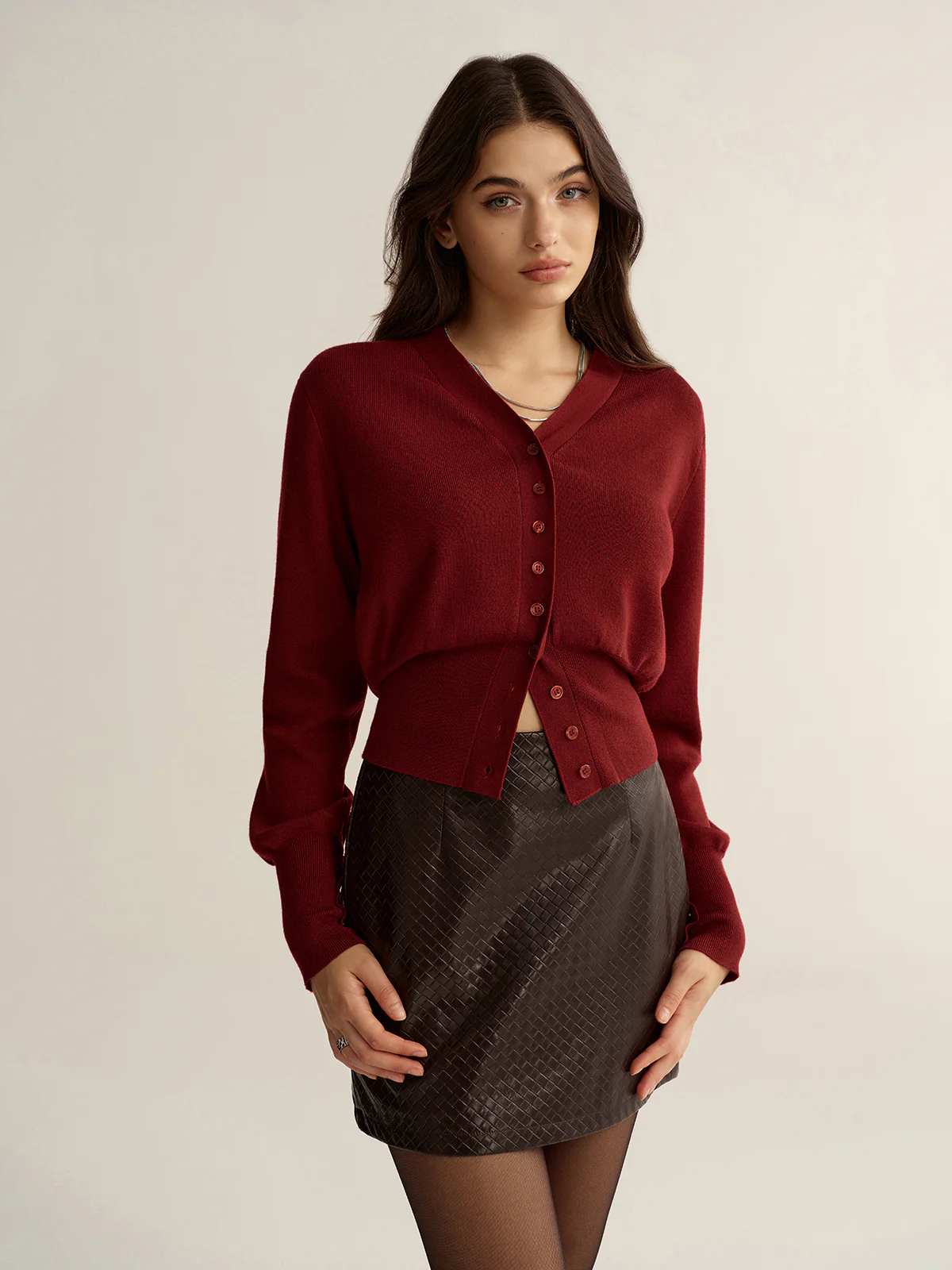 Button-Front V-Neck Cropped Cardigan - Wholesalesil