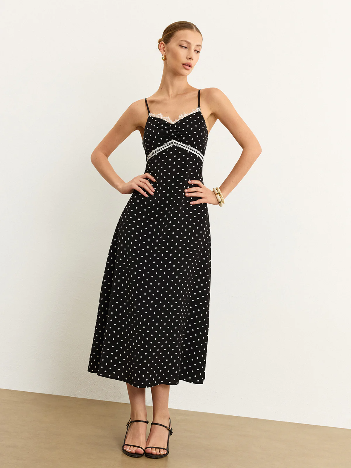 Polka Dot Lace Trim Midi Dress - Wholesalesil