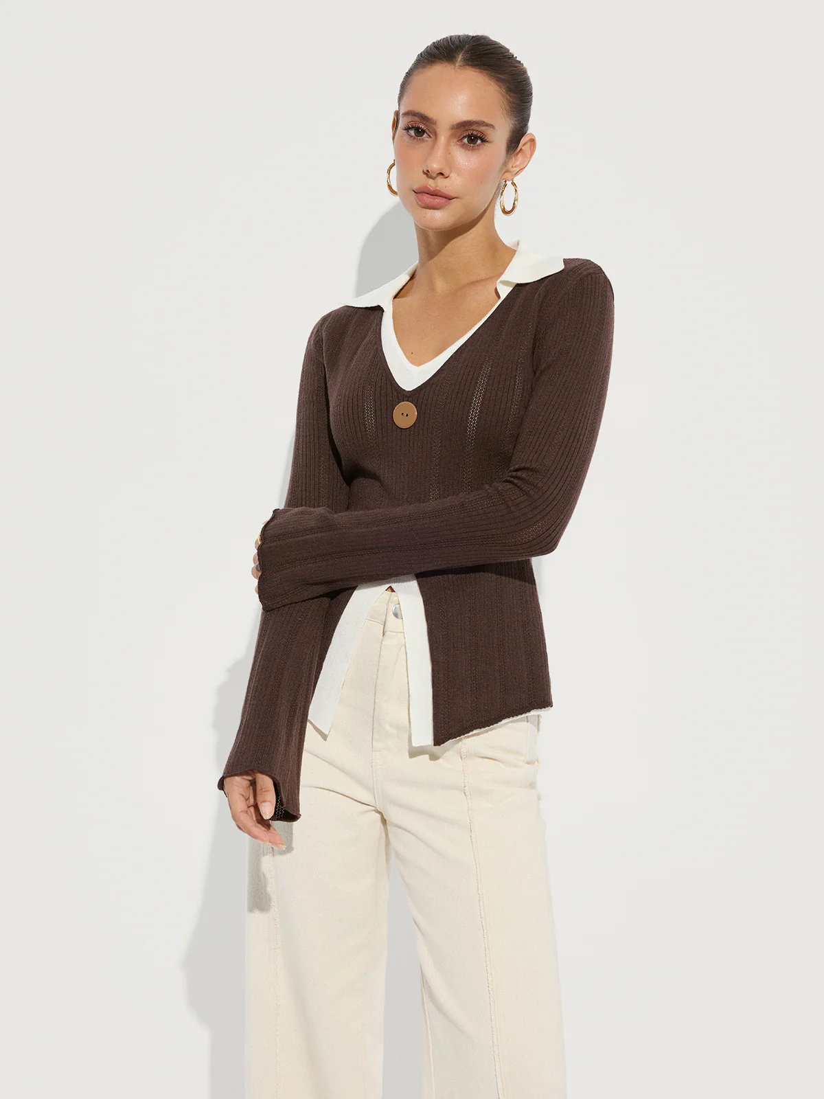 Contrast Collar Wool-Blend Knit Top - Wholesalesil