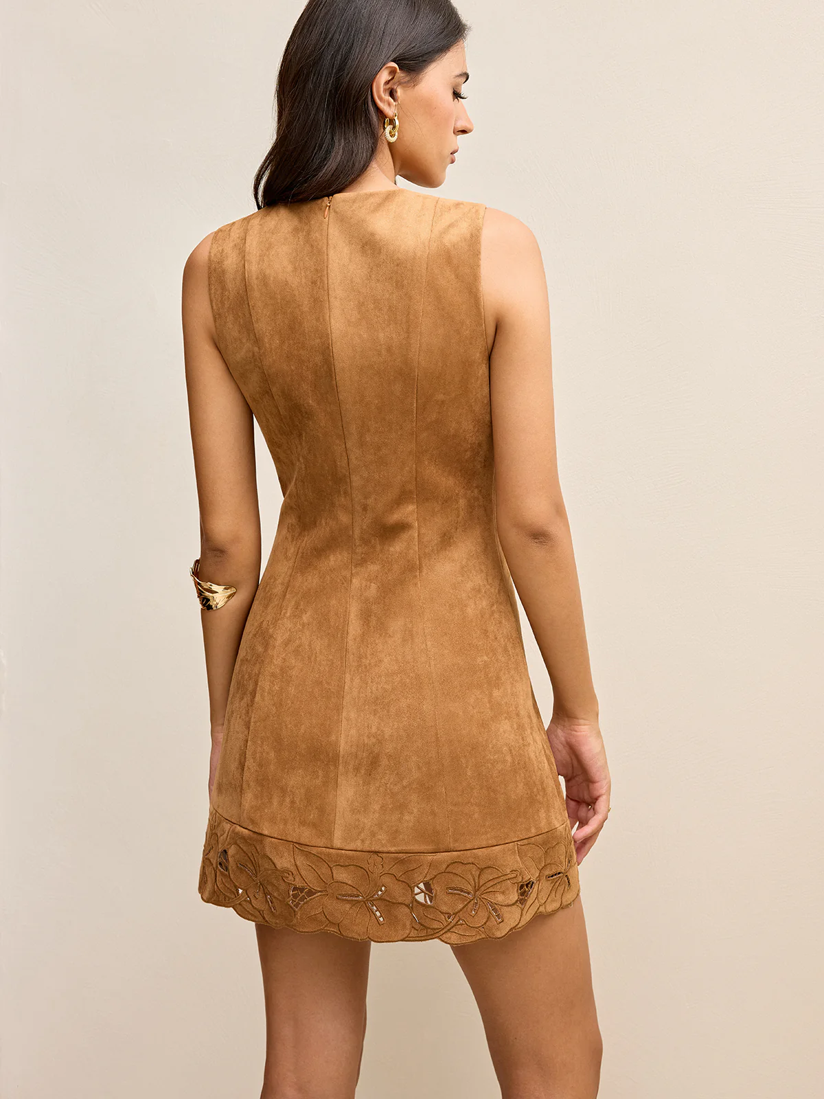 Suede Effect Floral Embroidered Sleeveless Mini Dress - Wholesalesil