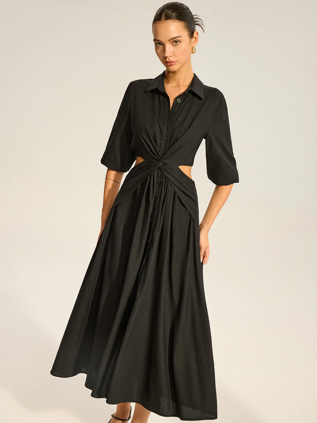 Twist Cut-Out Button Shirt Dress - Wholesalesil