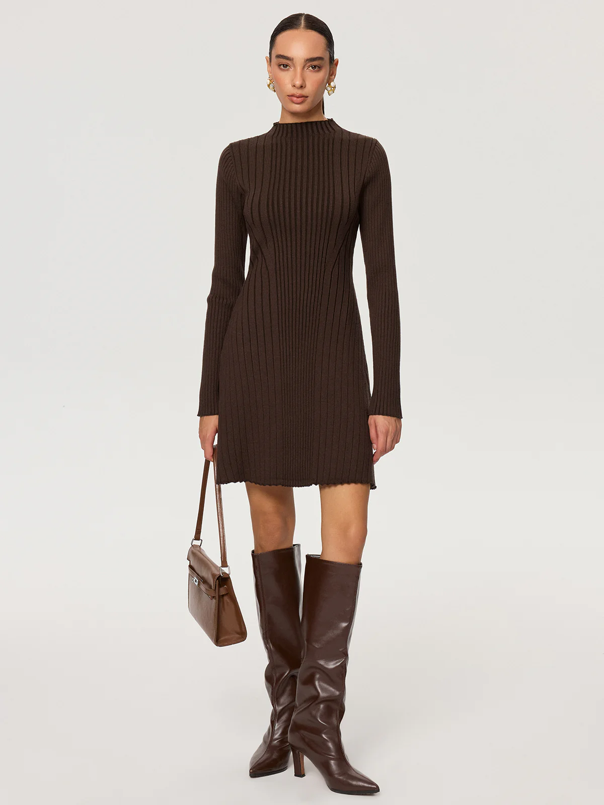 Ribbed Mock Neck Long Sleeve Knit Dress - Wholesalesil