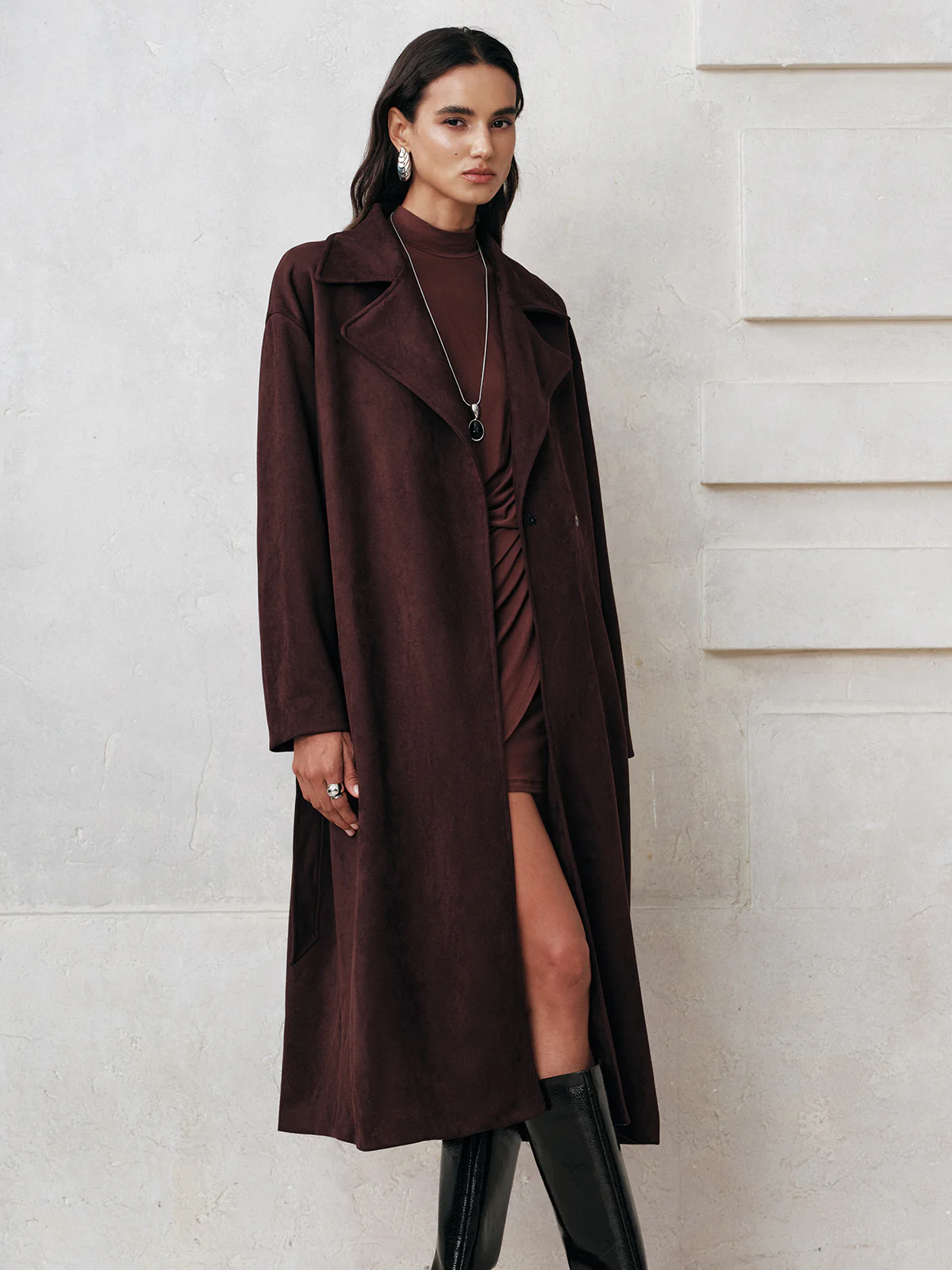 Suede Effect Belted Long Trench Coat - Wholesalesil
