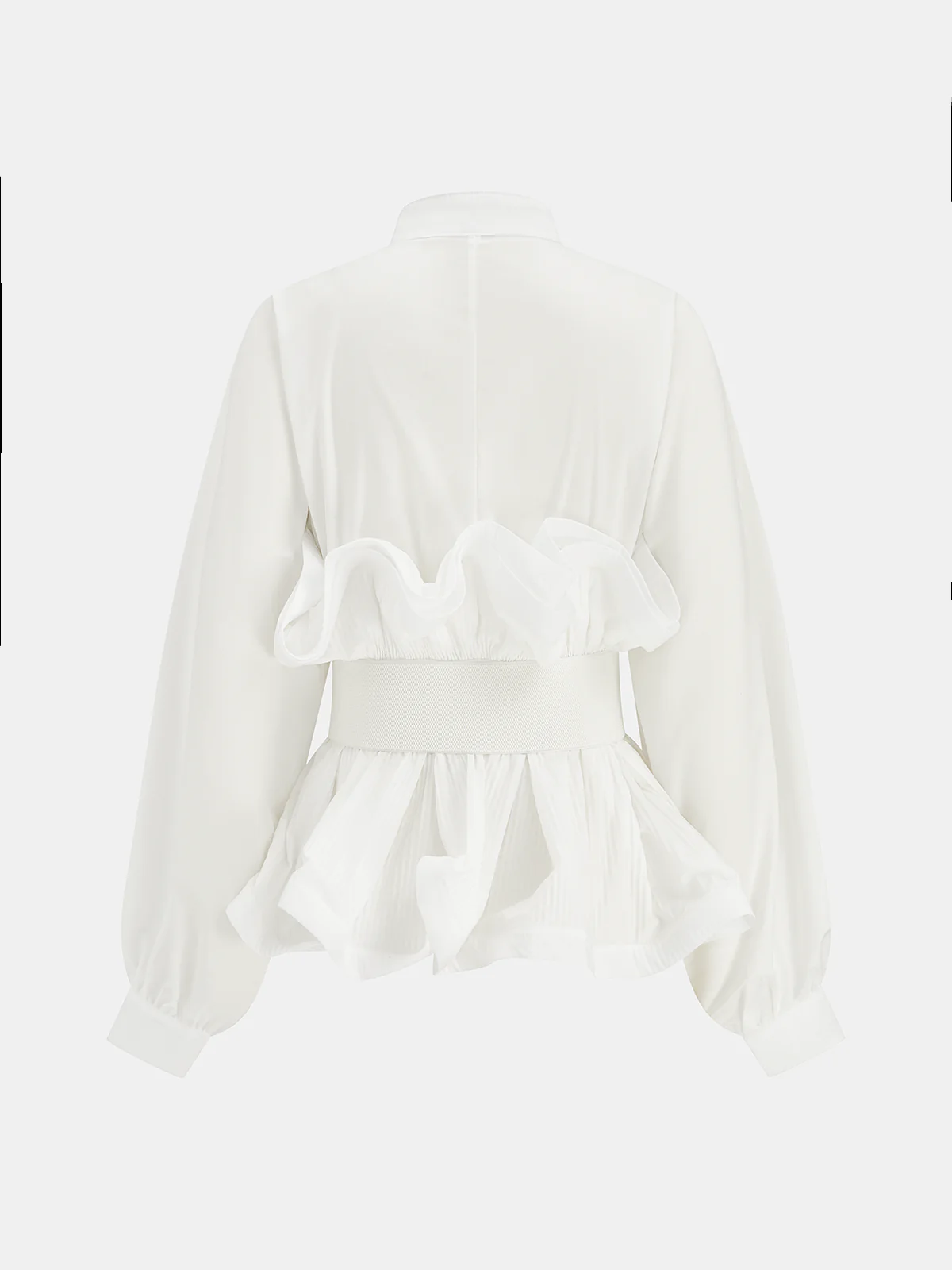 Stand Collar Belted Ruffled Shirt - Wholesalesil