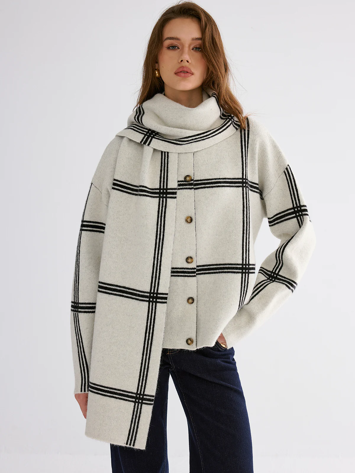 Wrap Scarf Check Print Cardigan - Wholesalesil