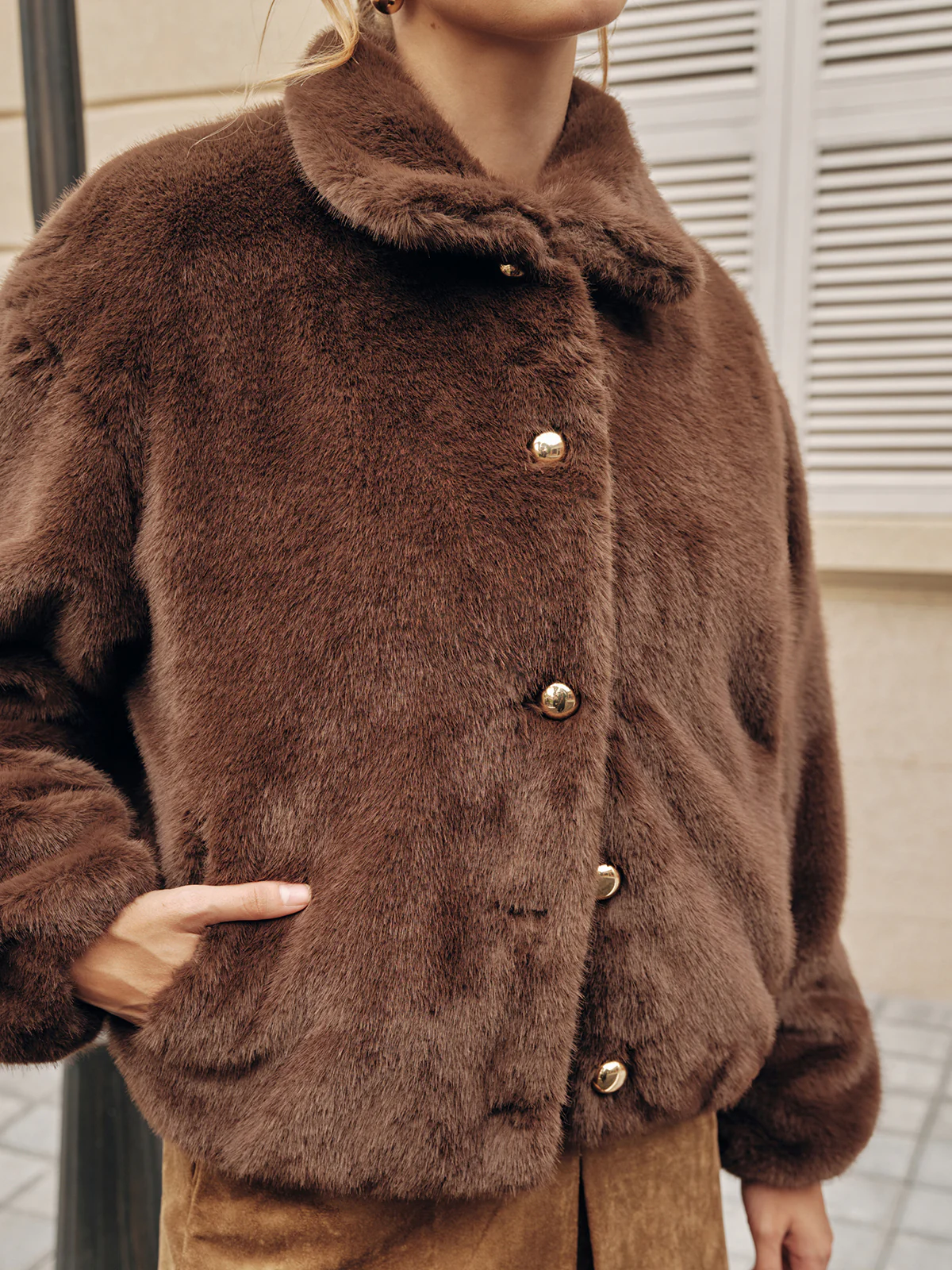 Metal Button Faux Fur Coat - Wholesalesil