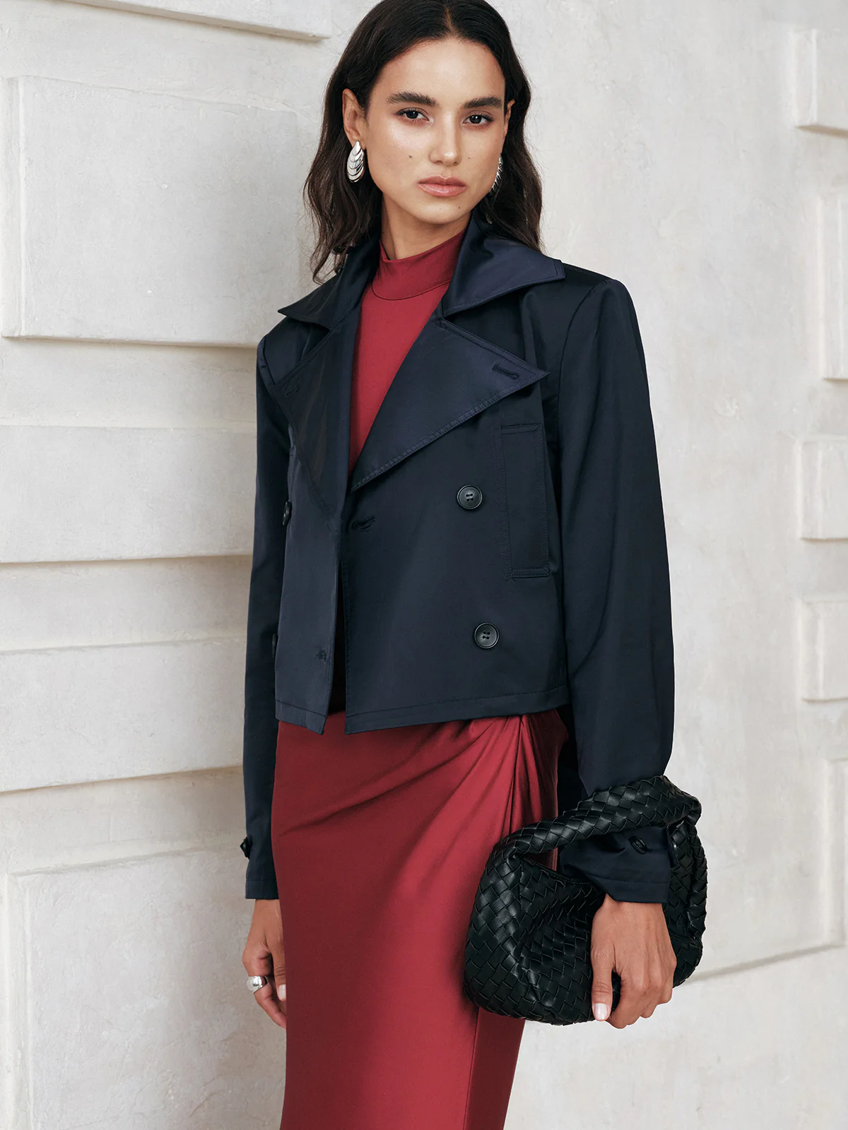 Belted Double-Breasted Cropped Trench Coat - Wholesalesil