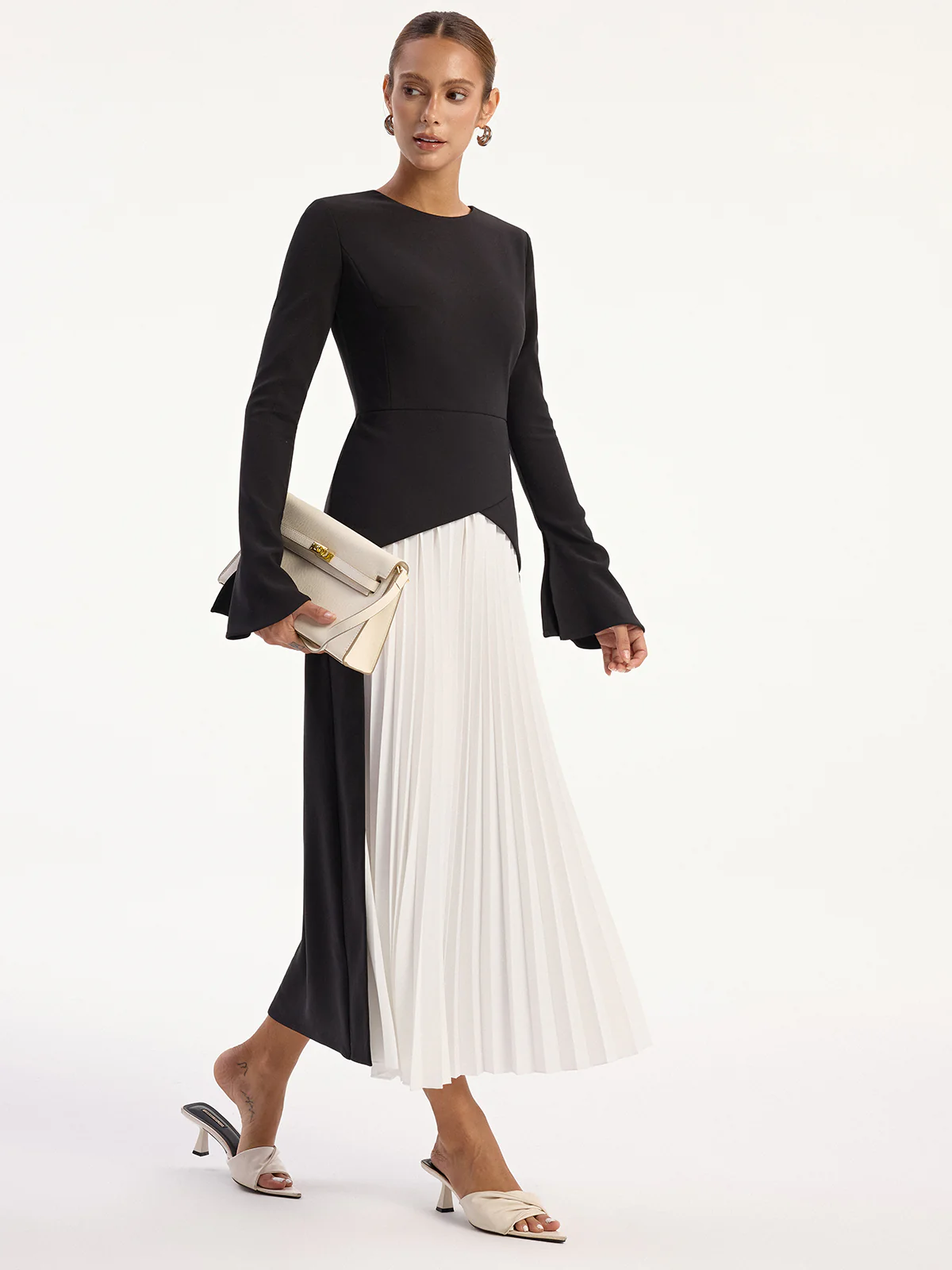 Two-Tone Long Sleeve Pleated Midi Dress - Wholesalesil