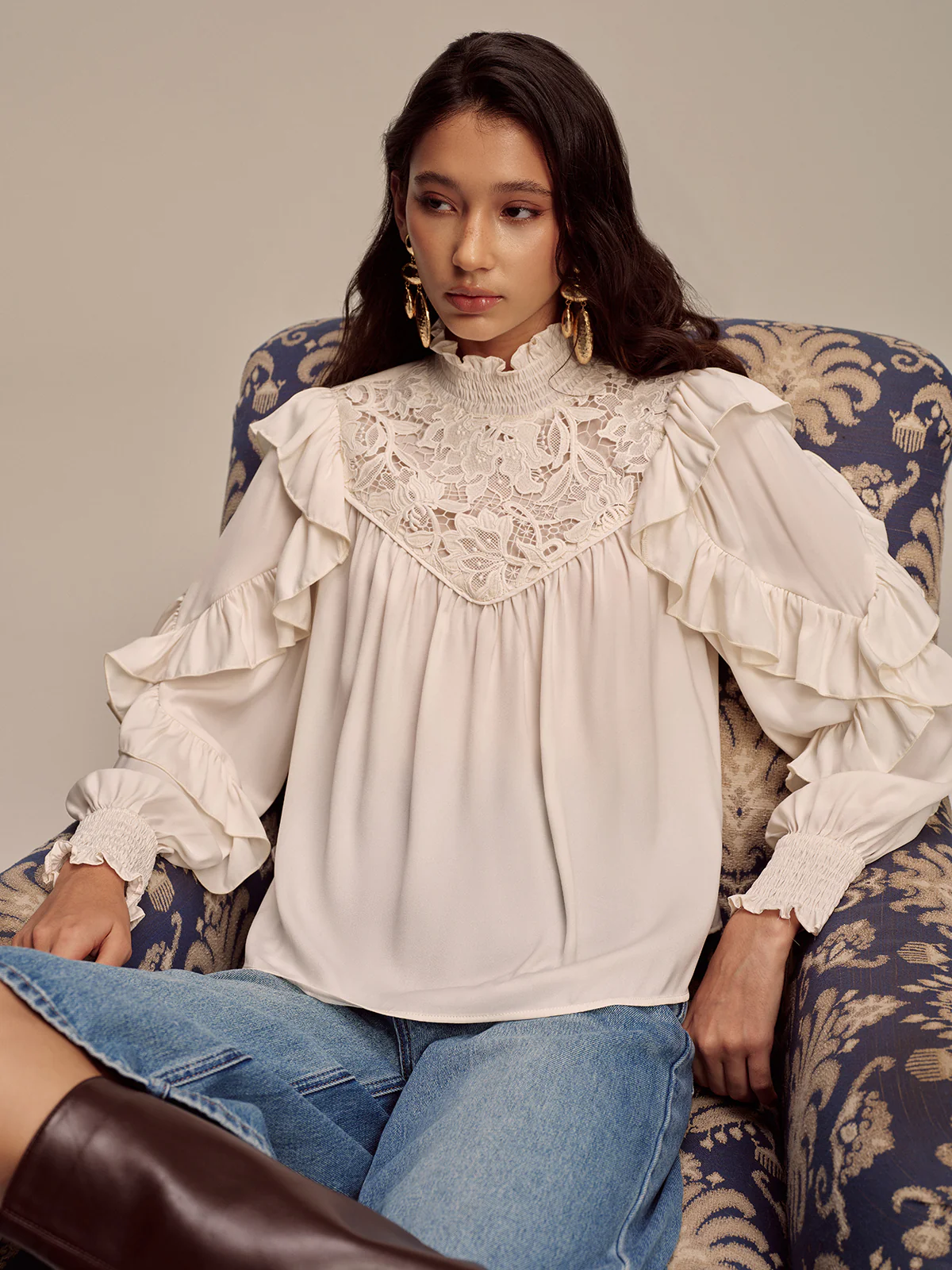 Embroidered Mock Neck Ruffled Blouse - Wholesalesil