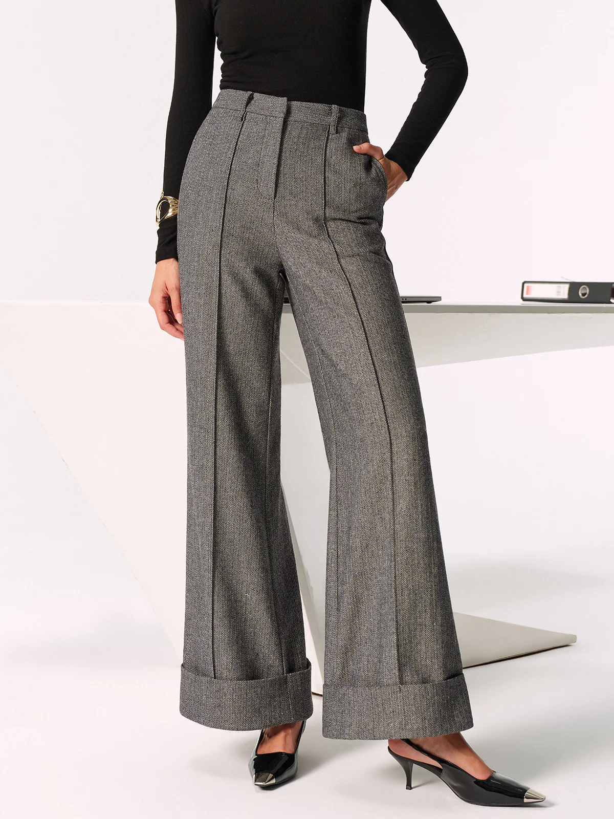 Mid-Waist Cuffed Wide-Leg Pants - Wholesalesil