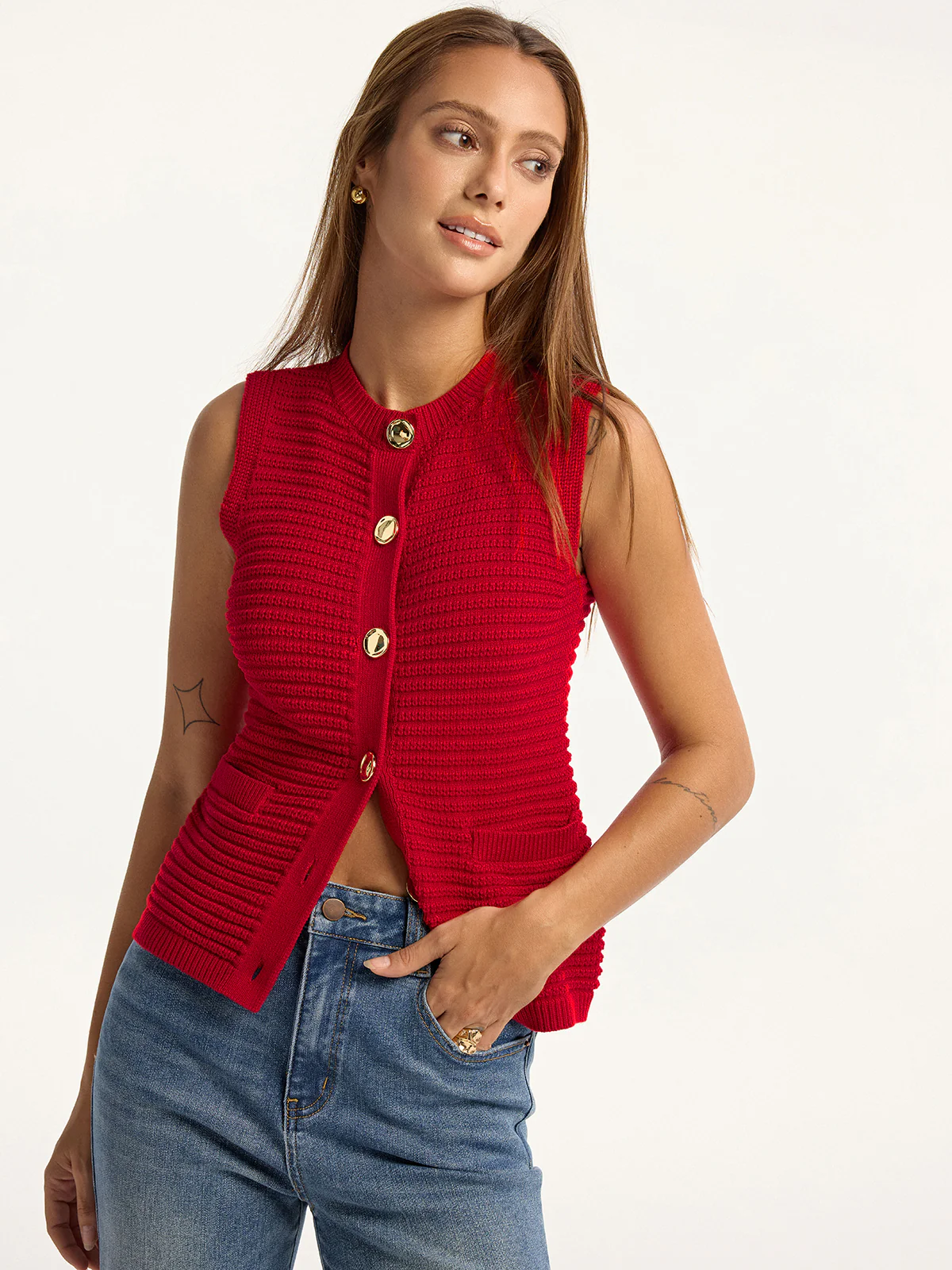 Metal Button Pocket Sweater Vest - Wholesalesil