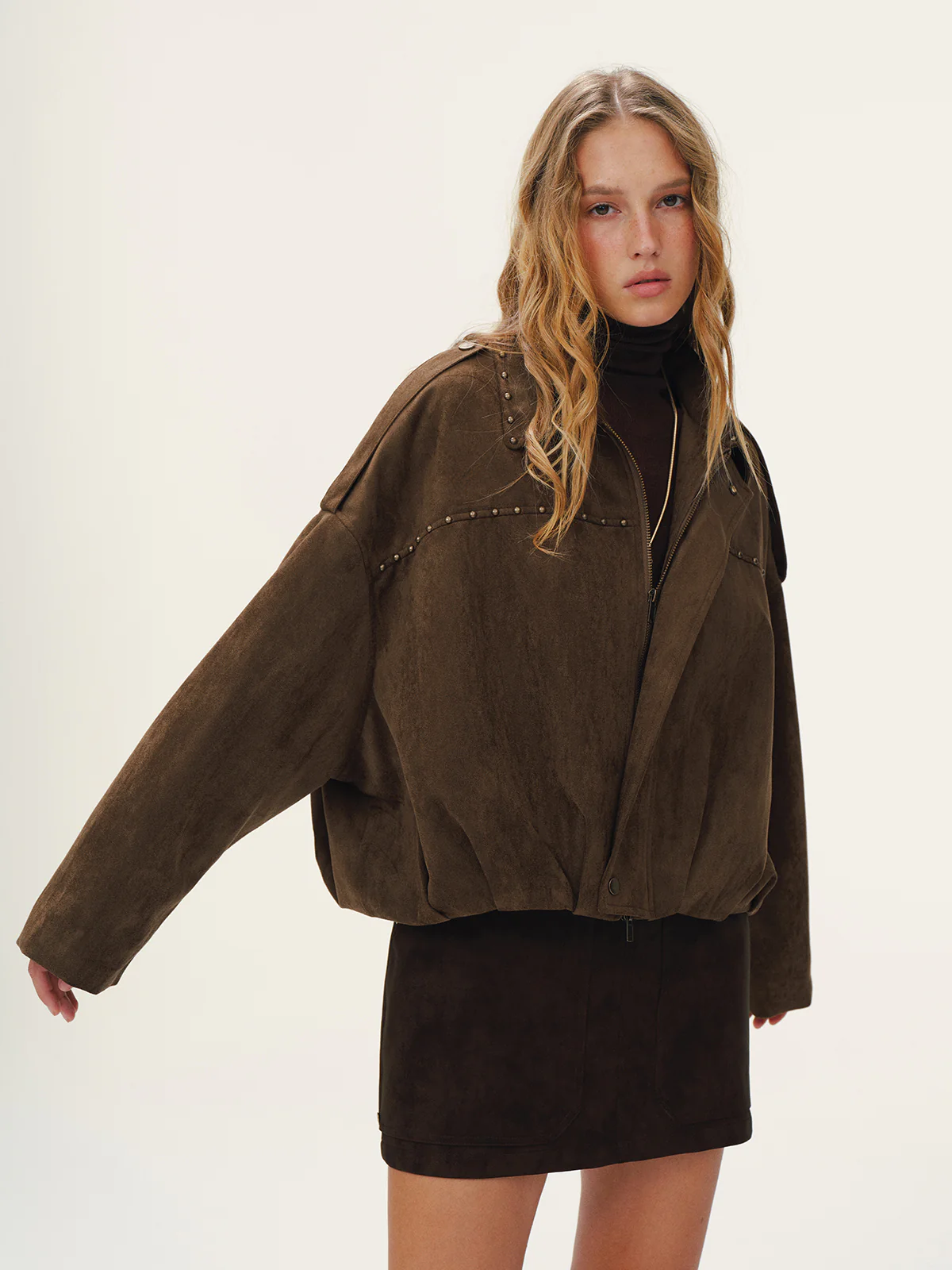 Vintage Suede Effect Studded Bomber Jacket - Wholesalesil