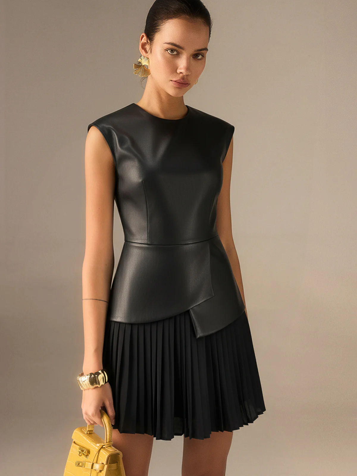 Pleated Panel Sleeveless PU Leather Dress - Wholesalesil