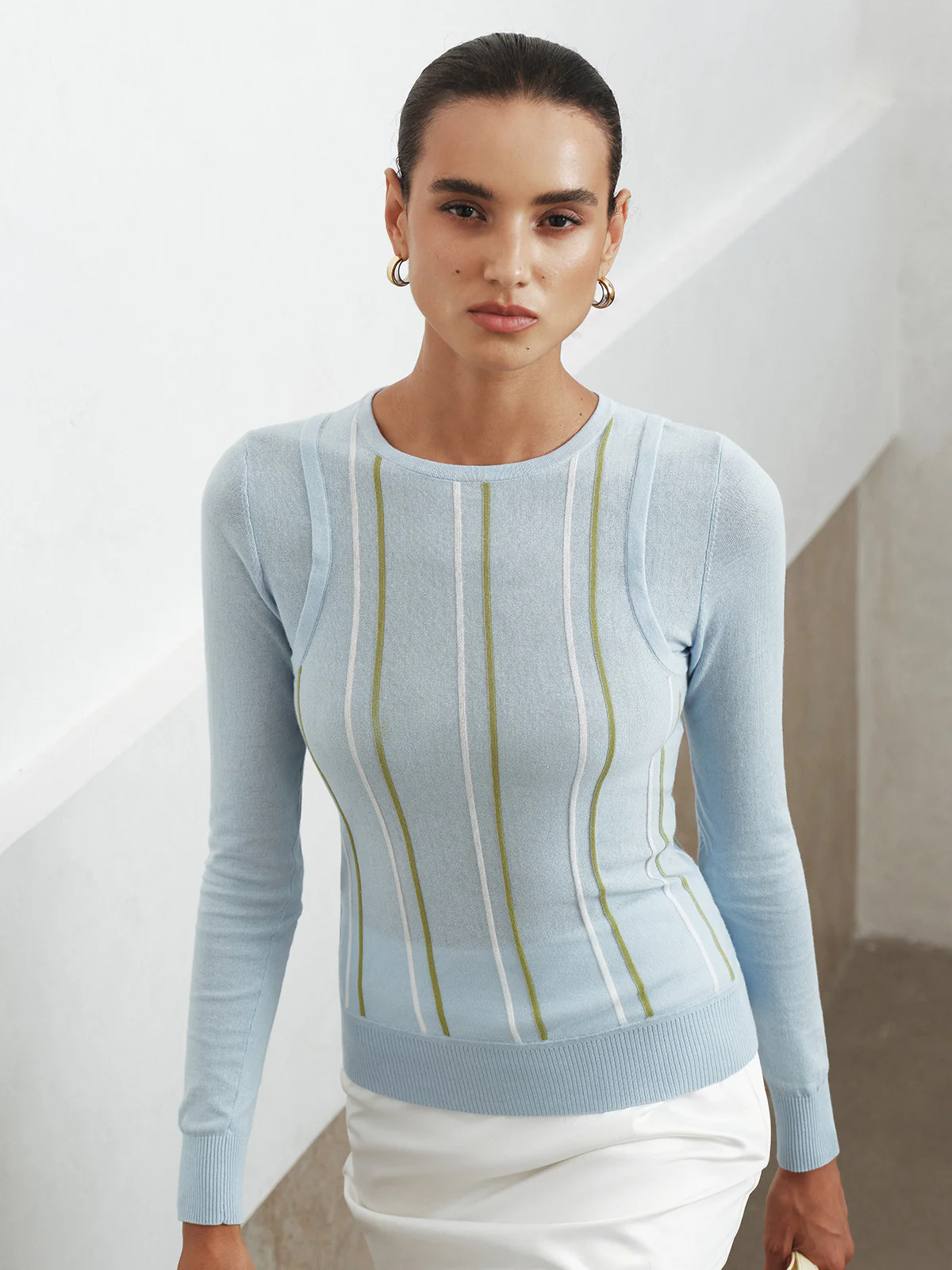 Color Block Striped Crew Neck Knit Top - Wholesalesil