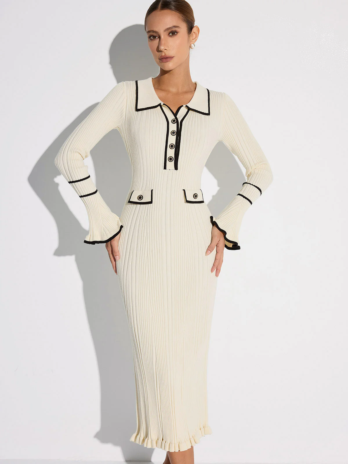 Contrast Trim Buttoned Ribbed Sweater Dress - Wholesalesil