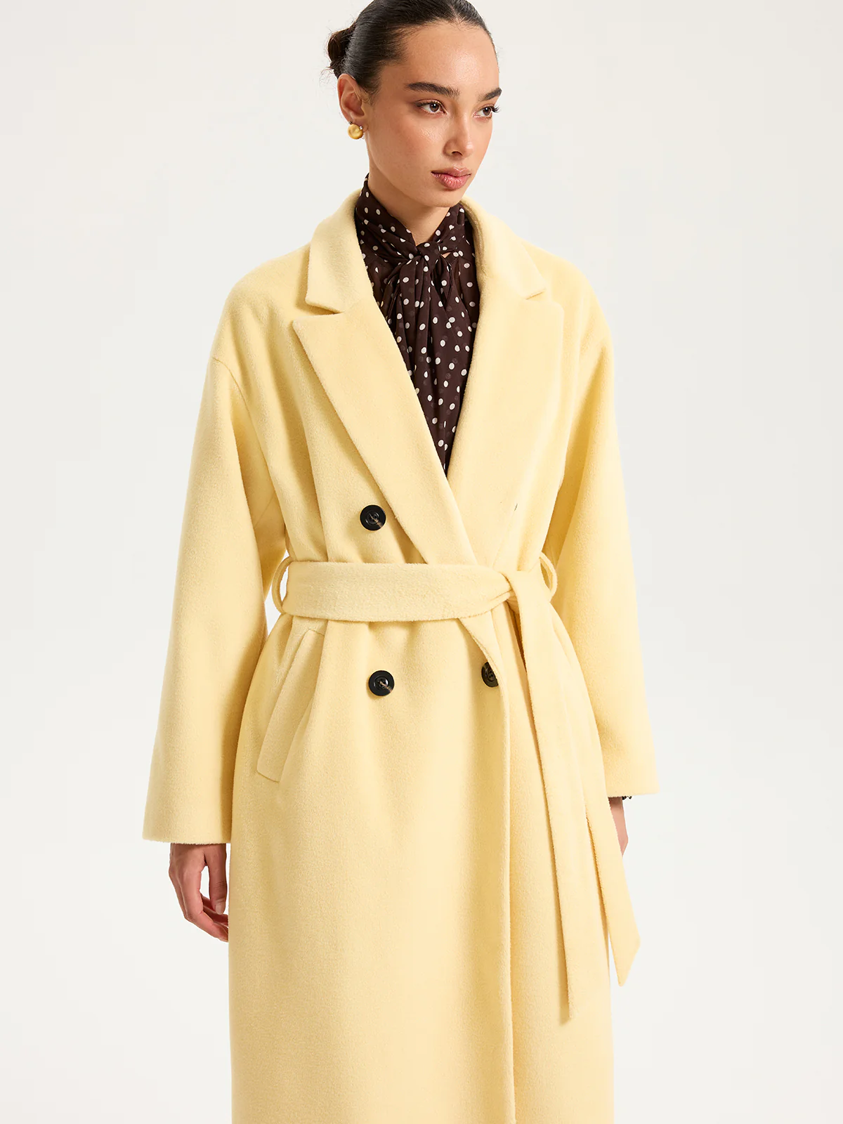 Belted Double-Breasted Lapel Long Coat - Wholesalesil